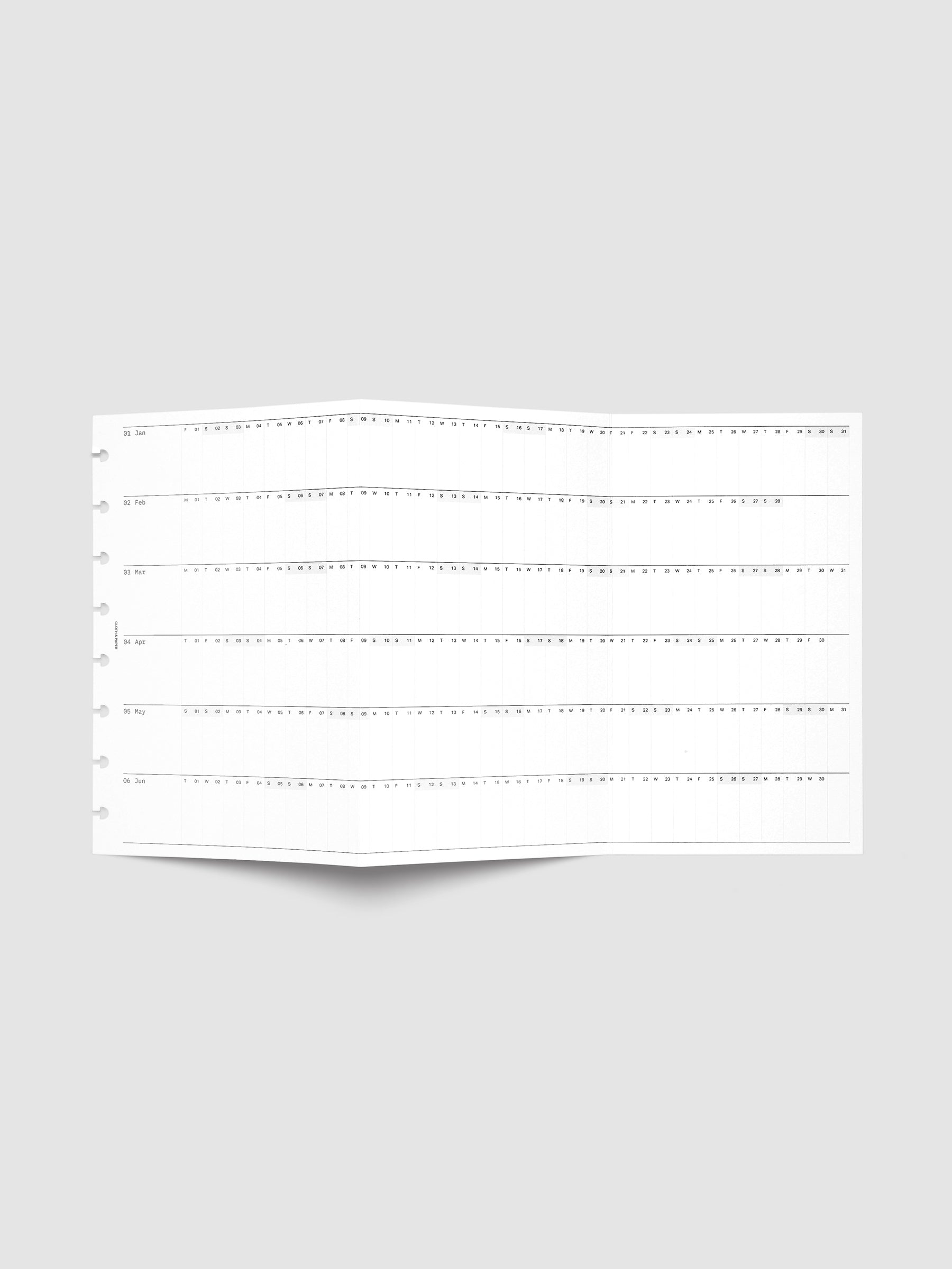 2027 Dated Fold Out Insert fully unfolded, showing six months of dated calendar boxes across one side.