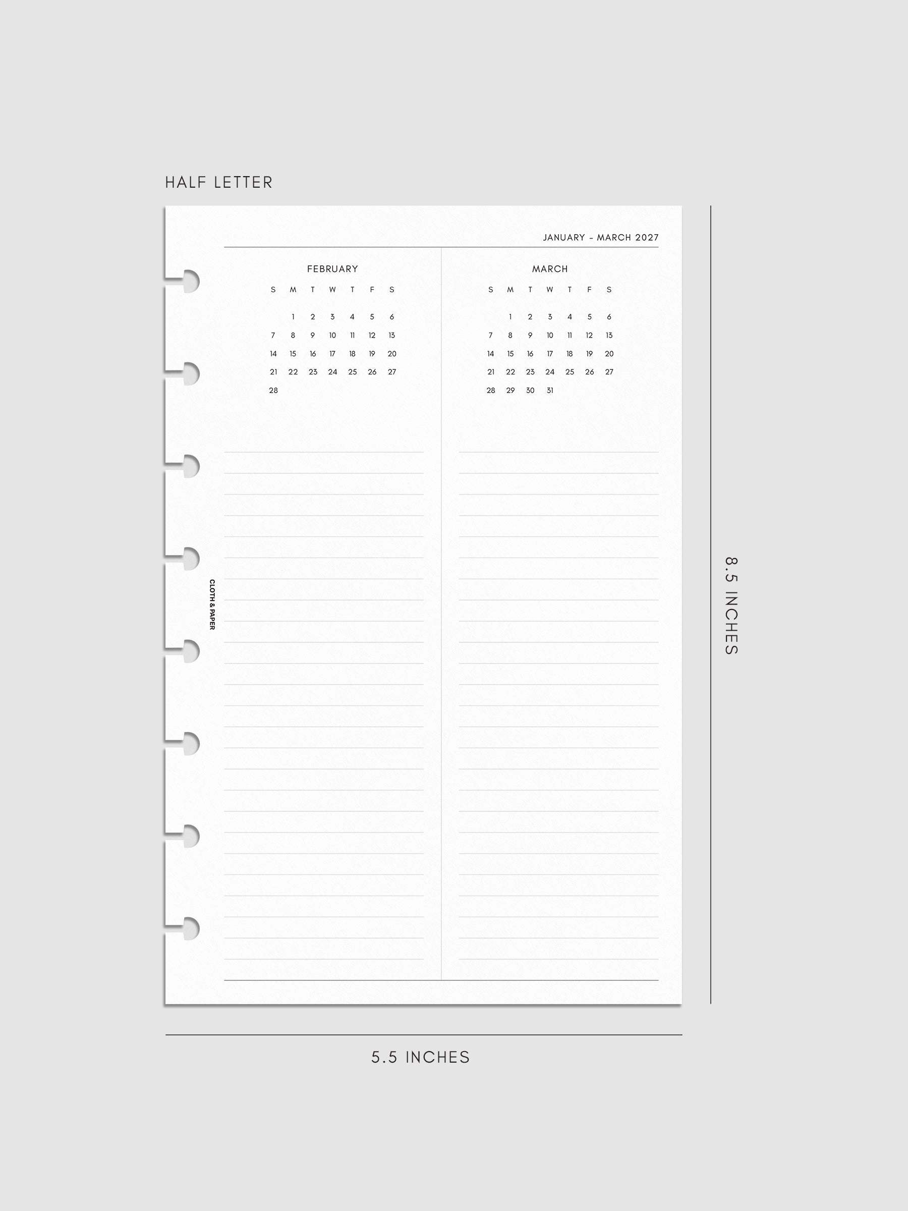 2027 Dated Yearly Overview Planner Inserts Sunday Start, Half Letter 8-Disc Punch, right page of quarterly spread showing three monthly calendar views each with a notes section below