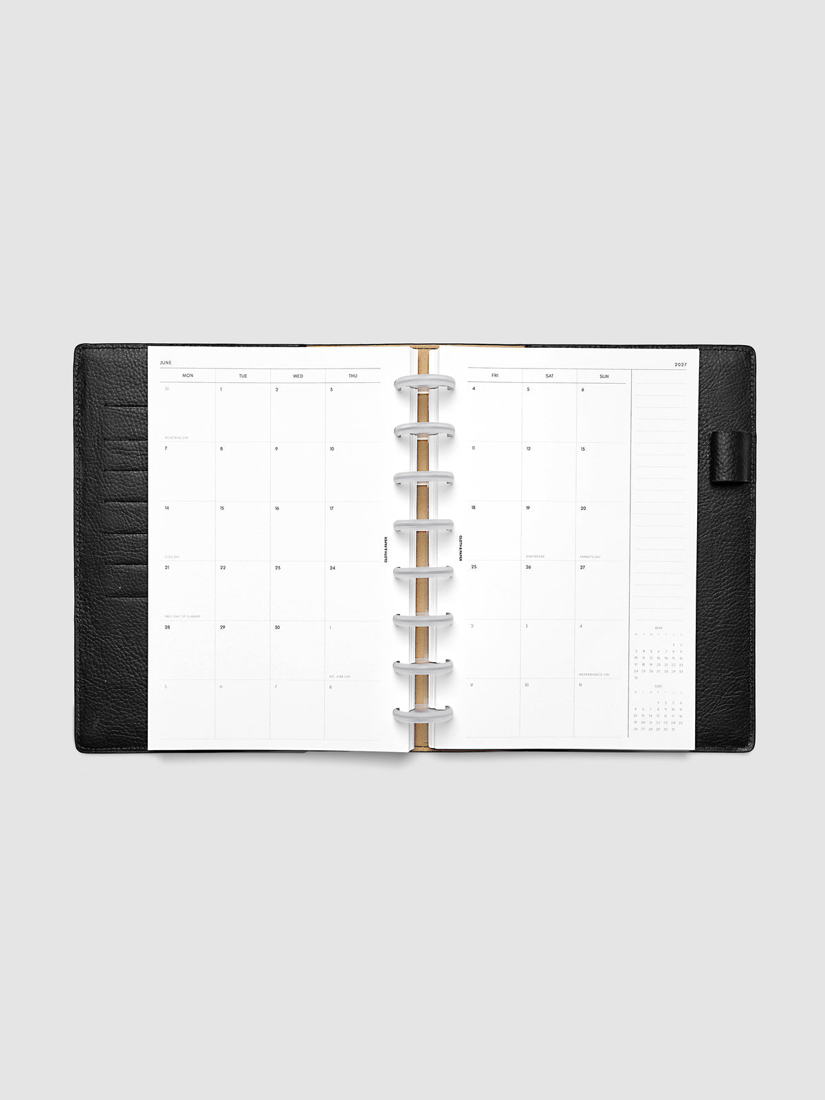 2027 Dated Monthly Planner Inserts, Monday Start, Half Letter 8-Disc Punch, full two-page monthly calendar spread with Monday start, notes column, and mini calendars in the bottom right corner shown inside a planner