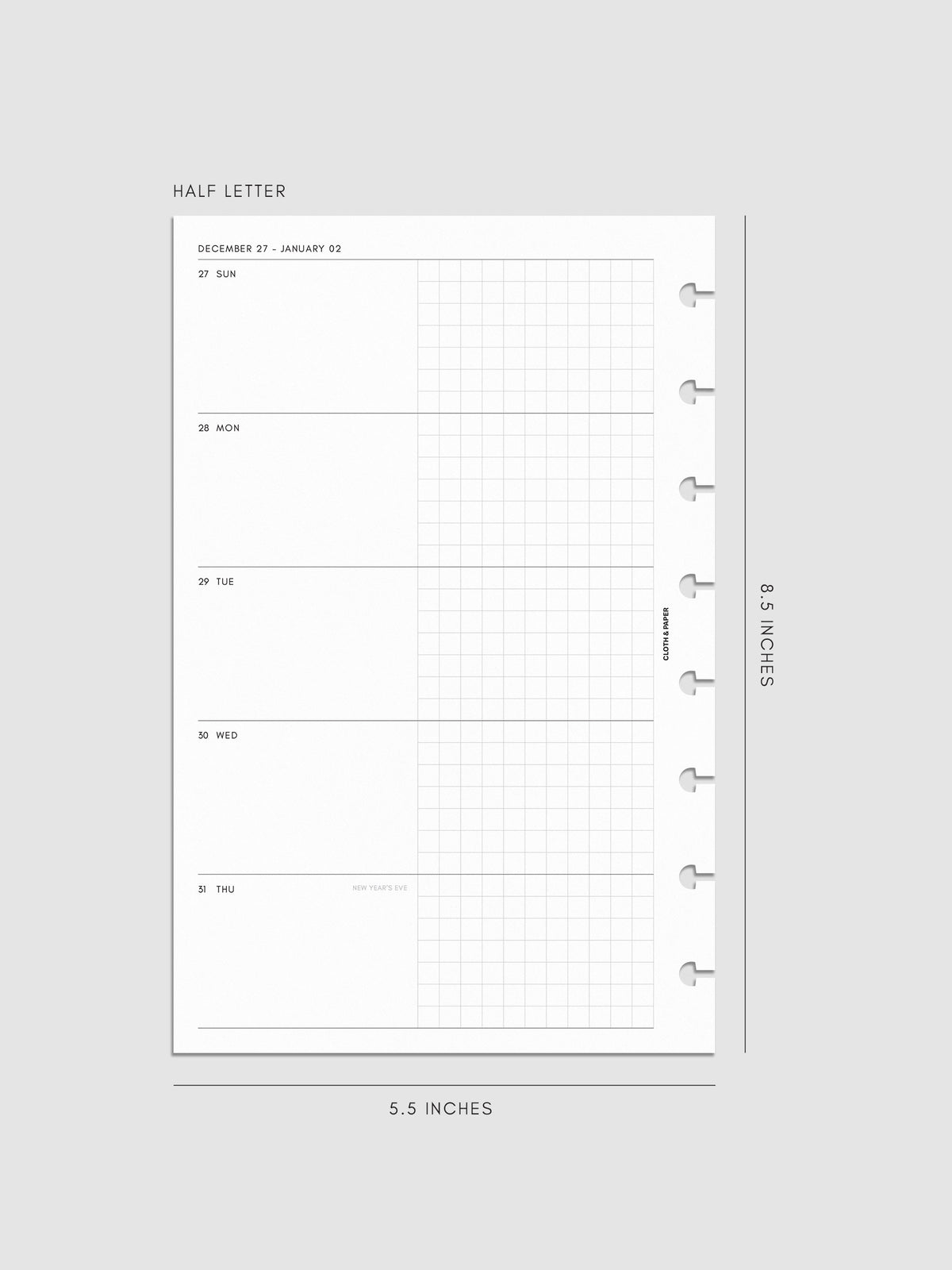 Mockup of the 2027 Dated Weekly Horizontal Planner Inserts | Sunday Start left page shown in size Half Letter 8-Disc Punch