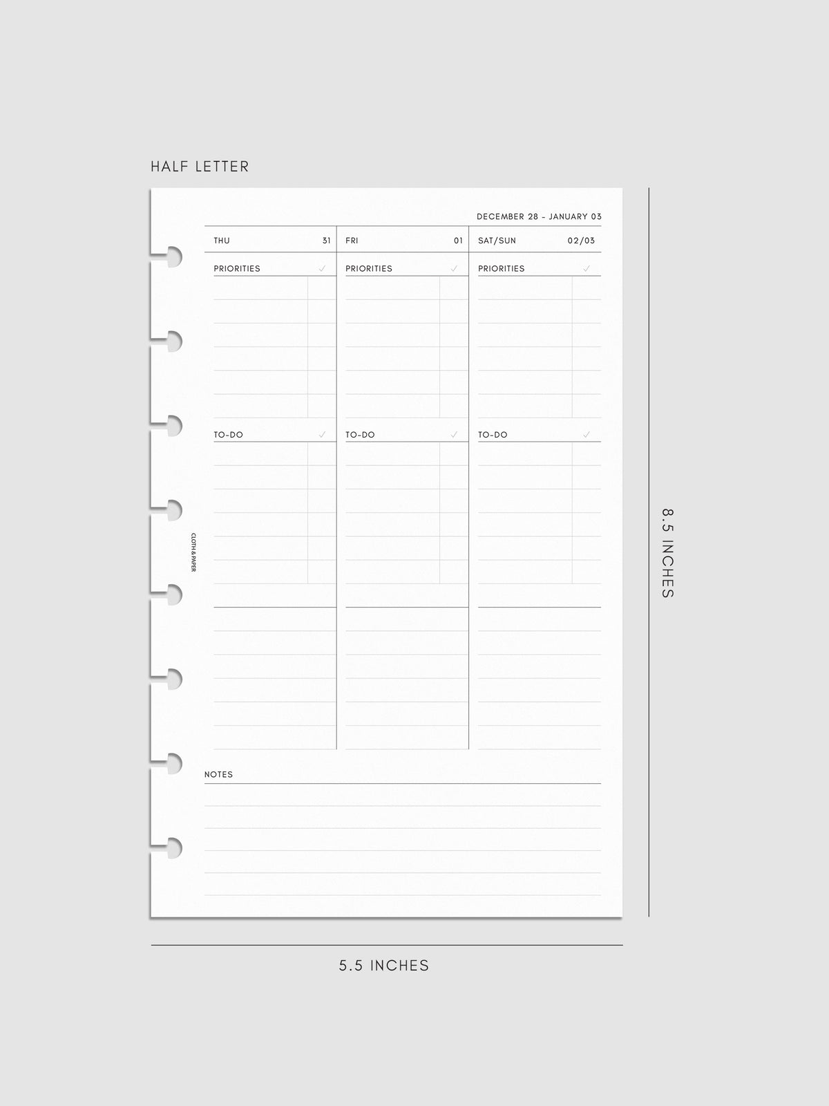 2027 Dated Weekly Task Planner Inserts, Monday Start, Half Letter 8-Disc Punch, right page of weekly spread showing vertical columns for Thursday and Friday alongside a combined Saturday and Sunday column, with labeled priorities, to-do, and open notes sections, and weekly notes section along the bottom