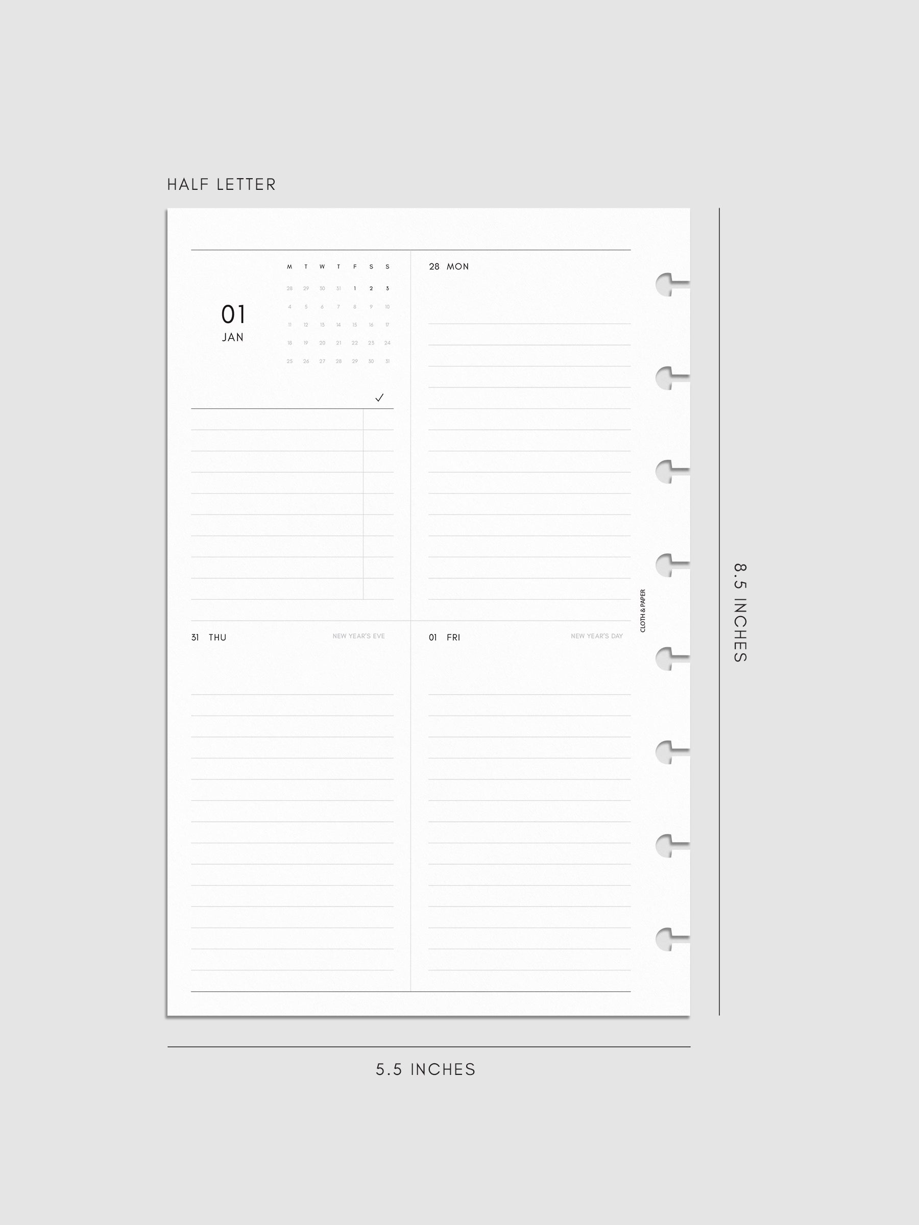 2027 Dated Weekly Vertical Planner Inserts, Monday Start, Half Letter 8-Disc Punch, left page of weekly spread showing a two-column two-row daily grid with mini monthly calendar and task list alongside Monday and lined sections throughout