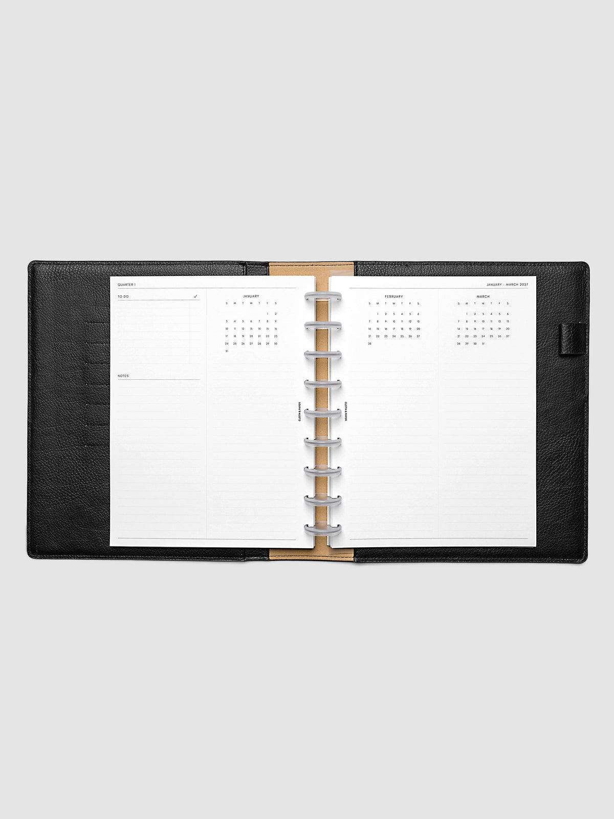 2027 Dated Yearly Overview Planner Inserts Sunday Start, HP Classic 9-Disc Punch, full quarterly spread showing goal-setting, to-do, and notes sections on the left page alongside three monthly calendar views with notes sections on the right page, shown inside a planner