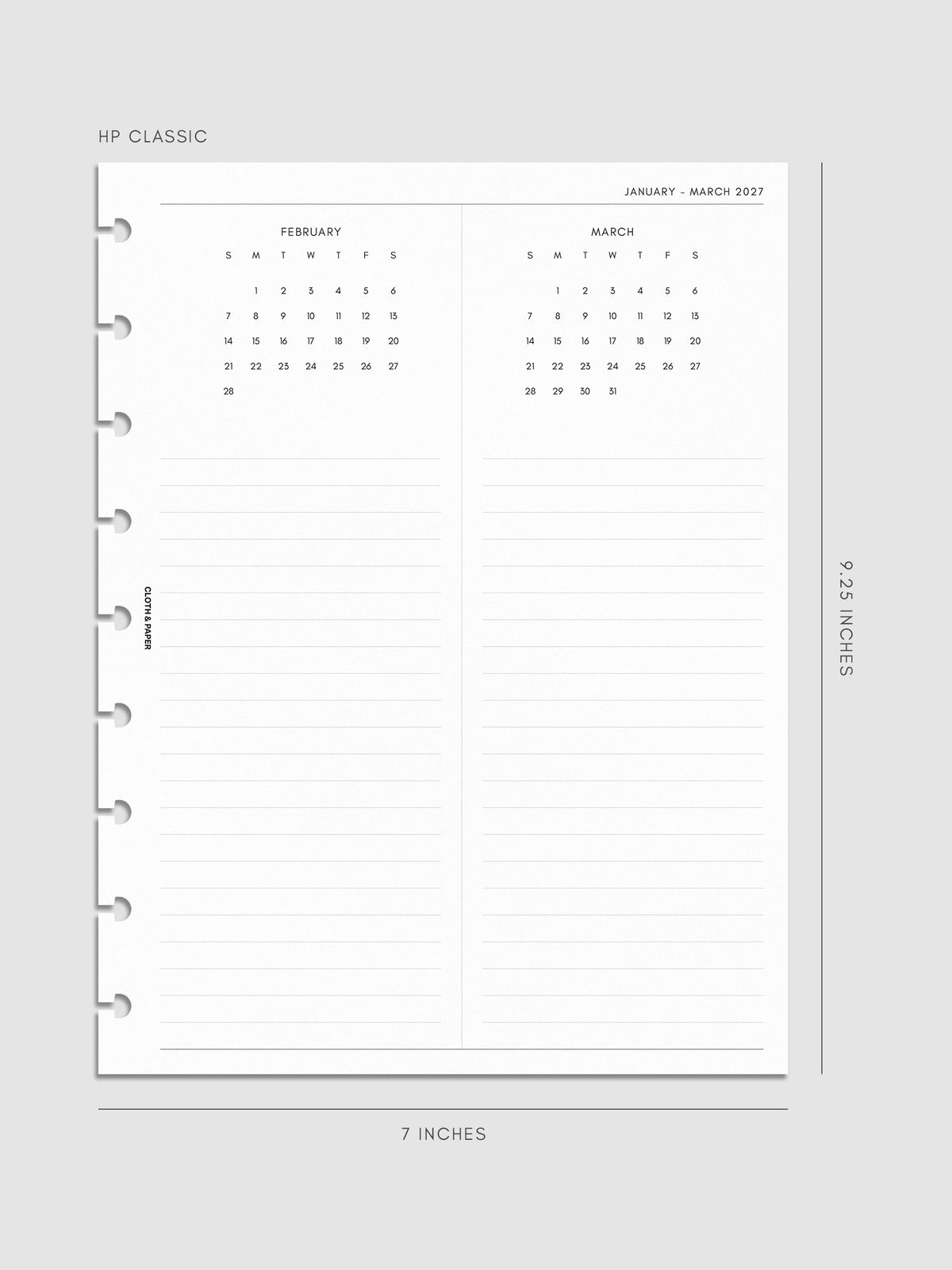 2027 Dated Yearly Overview Planner Inserts Sunday Start, HP Classic 9-Disc Punch, right page of quarterly spread showing three monthly calendar views each with a notes section below