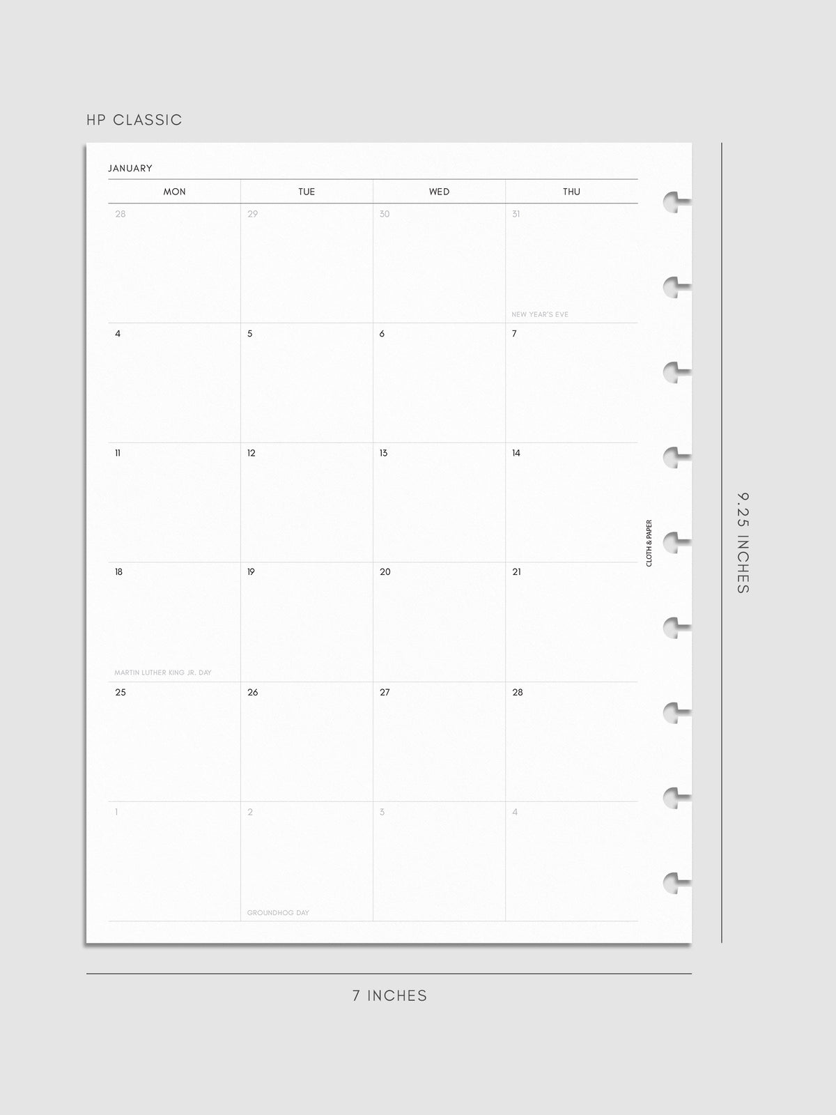 2027 Dated Monthly Planner Inserts, Monday Start, HP Classic 9-Disc Punch, left page of two-page monthly calendar spread with Monday start shown inside a planner