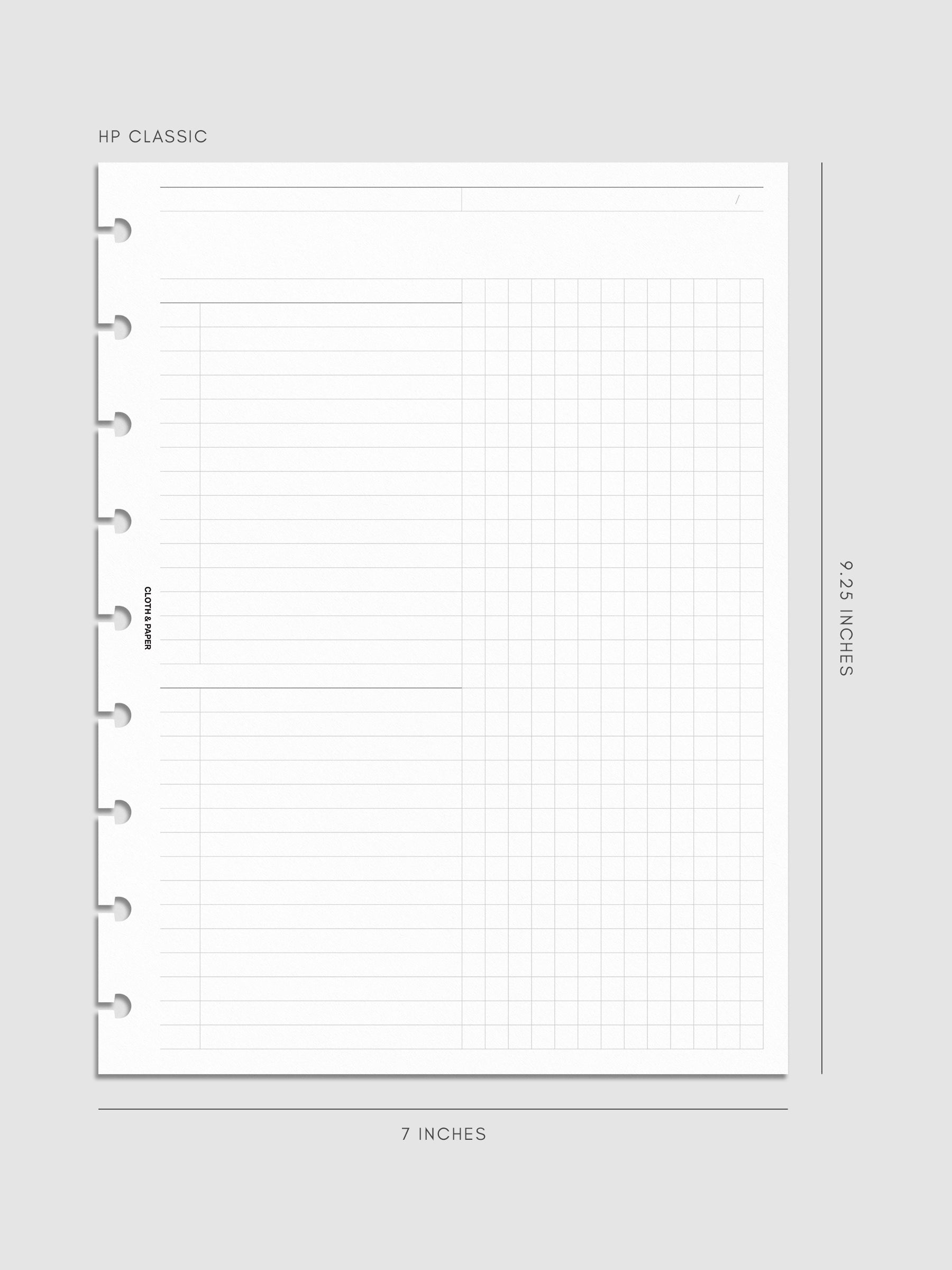 Daily Workflow Planner Inserts, HP Classic 9-Disc Punch, right page showing large graph notes section