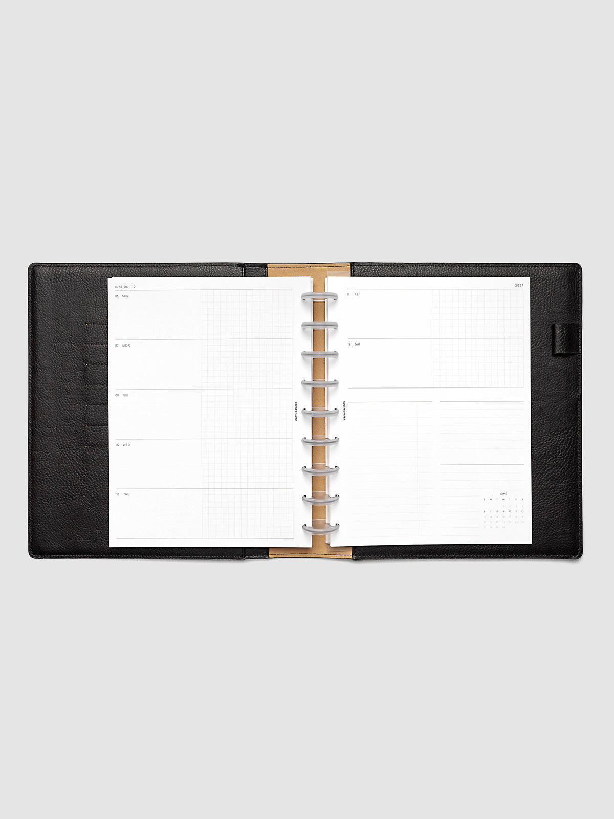 2027 Dated Weekly Horizontal Planner Inserts, Sunday Start, HP Classic 9-Disc Punch, full week-on-two-pages horizontal spread showing each day split into open and graph columns, with tasks column, notes column, and mini monthly calendar on the right page, shown inside a planner
