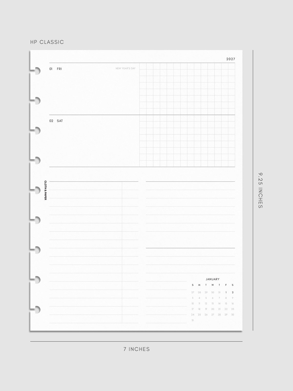 Mockup of the 2027 Dated Weekly Horizontal Planner Inserts | Sunday Start right page shown in size HP Classic 9-Disc Punch