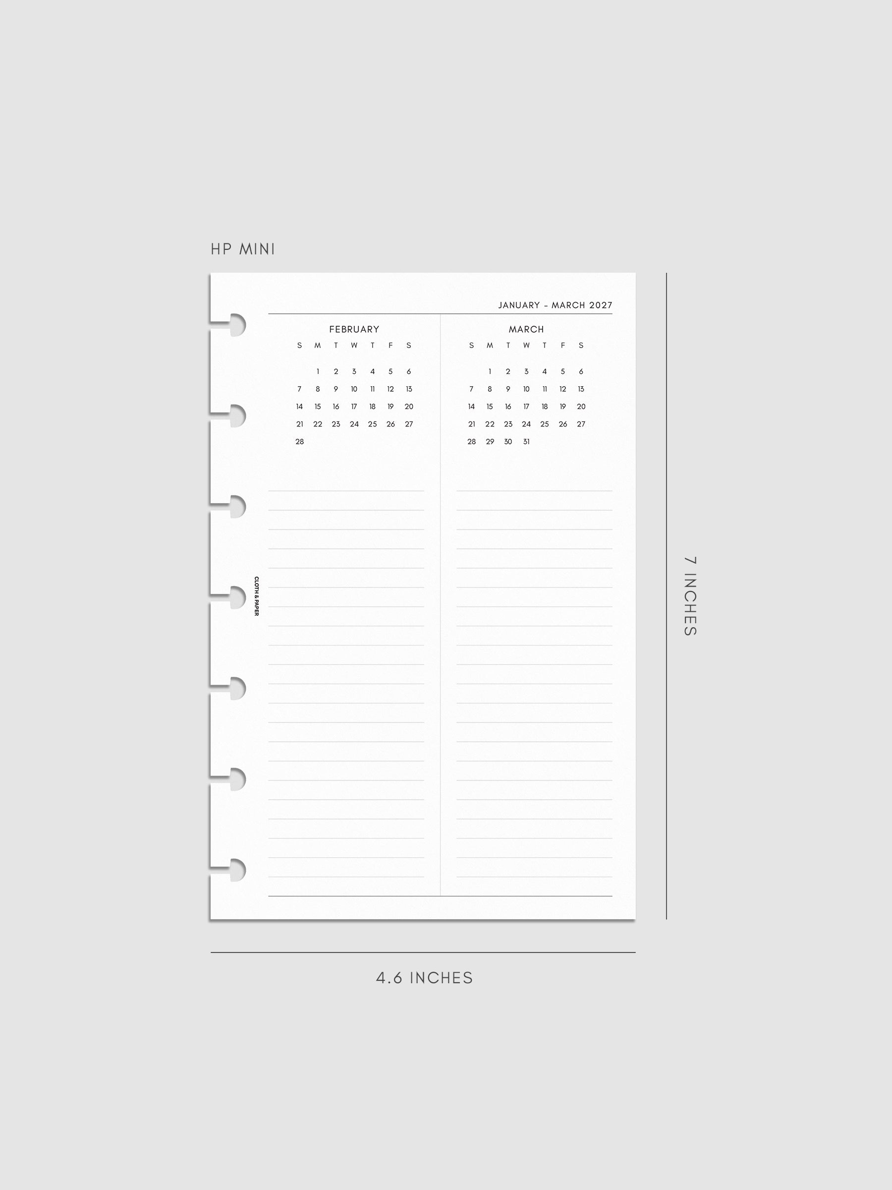 2027 Dated Yearly Overview Planner Inserts Sunday Start, HP Mini 7-Disc Punch, right page of quarterly spread showing three monthly calendar views each with a notes section below