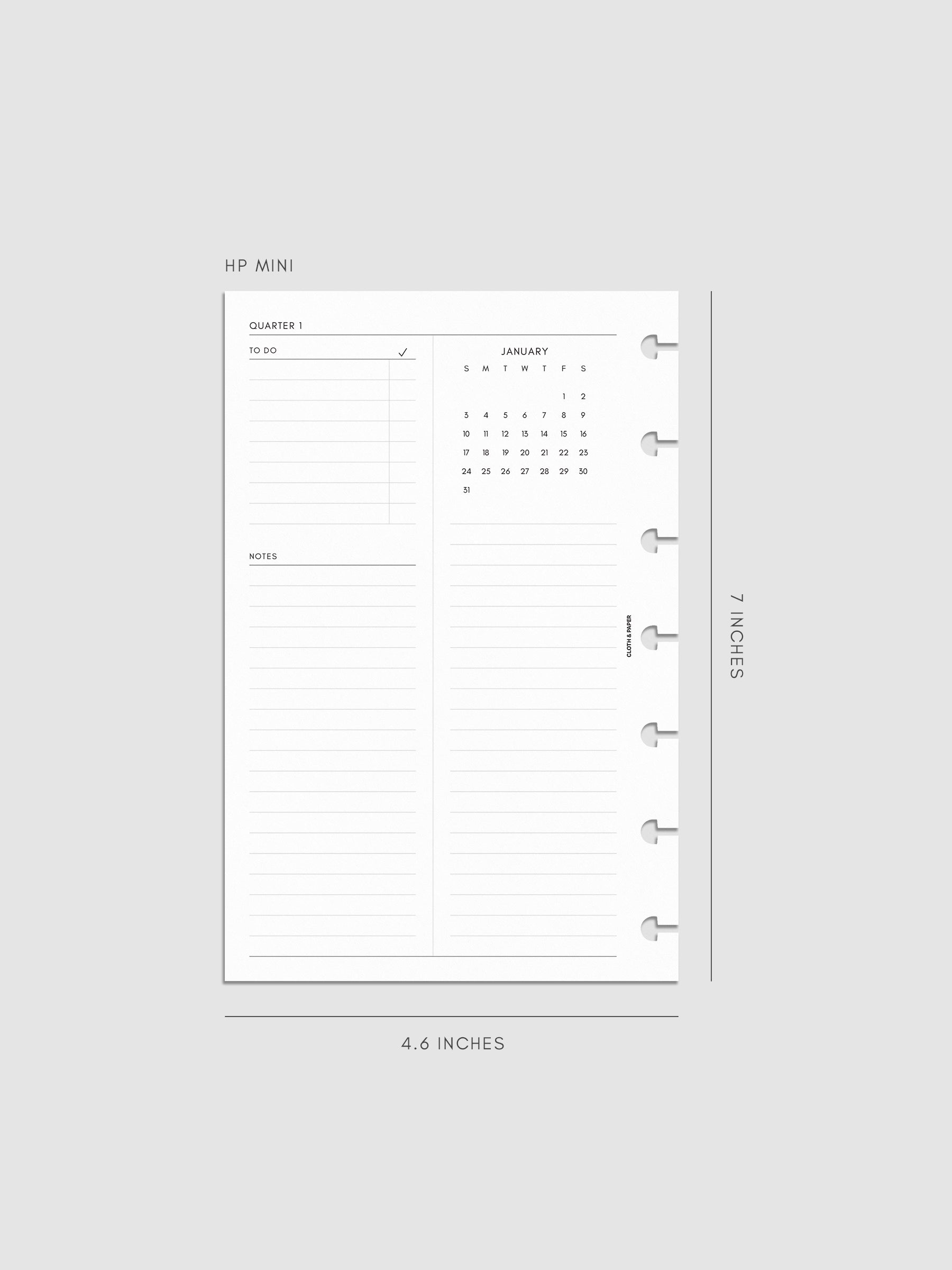 2027 Dated Yearly Overview Planner Inserts Sunday Start, HP Mini 7-Disc Punch, left page of quarterly spread showing goal-setting, to-do, and notes sections