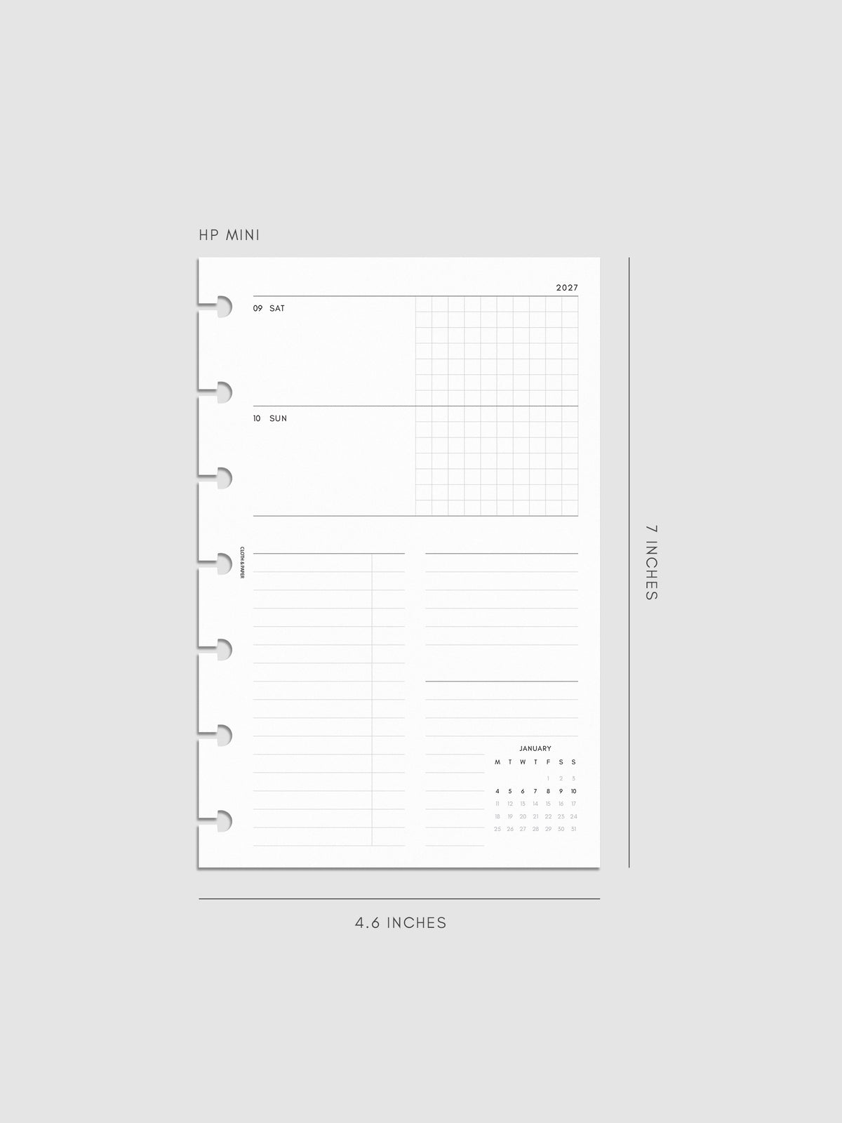 Mockup of the 2027 Dated Weekly Horizontal Planner Inserts | Monday Start's right page shown in size HP Mini 7-Disc Punch.