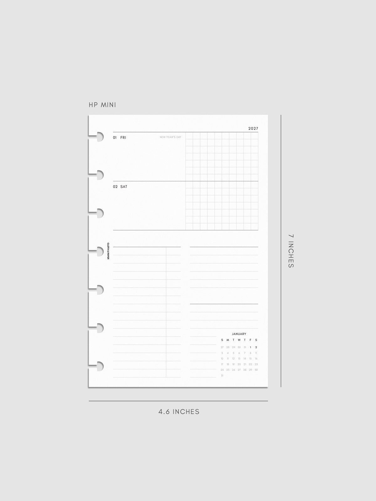 Mockup of the 2027 Dated Weekly Horizontal Planner Inserts | Sunday Start right page shown in size HP Mini 7-Disc Punch