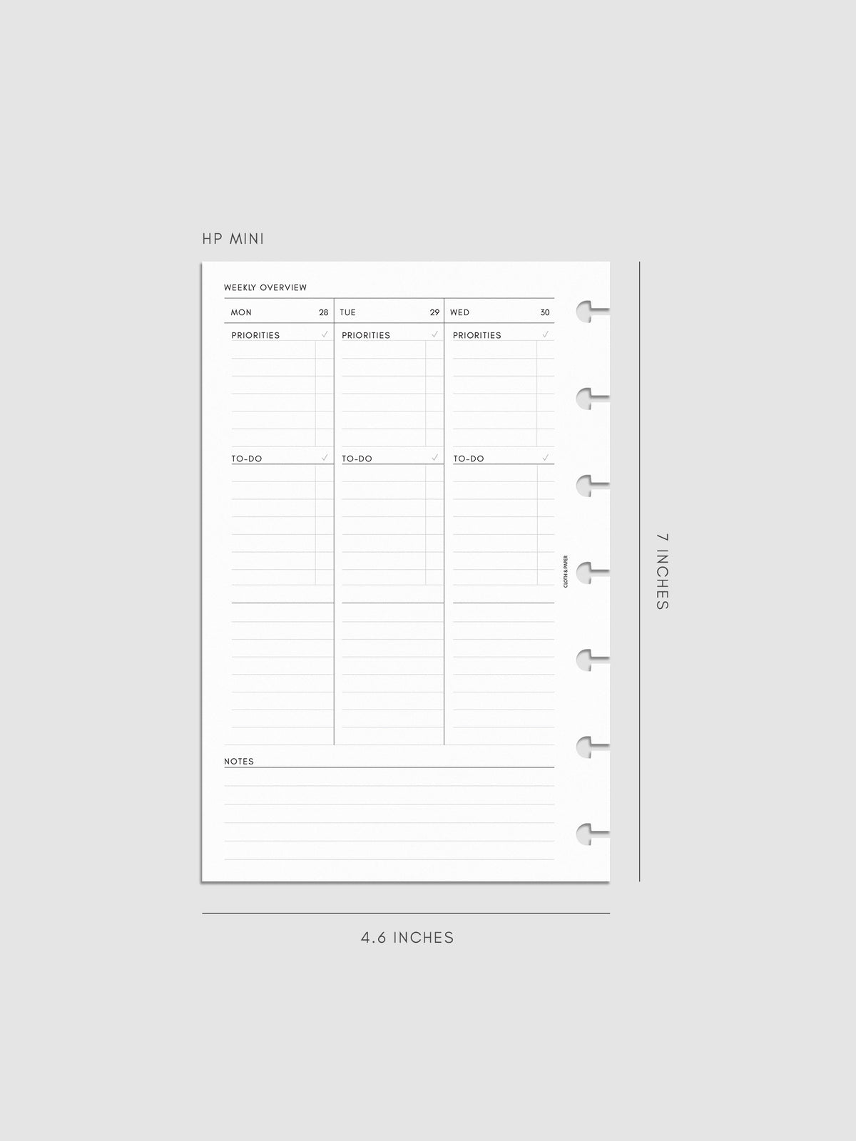 2027 Dated Weekly Task Planner Inserts, Monday Start, HP Mini 7-Disc Punch, left page of weekly spread showing vertical columns for Monday through Wednesday with labeled priorities, to-do, and open notes sections