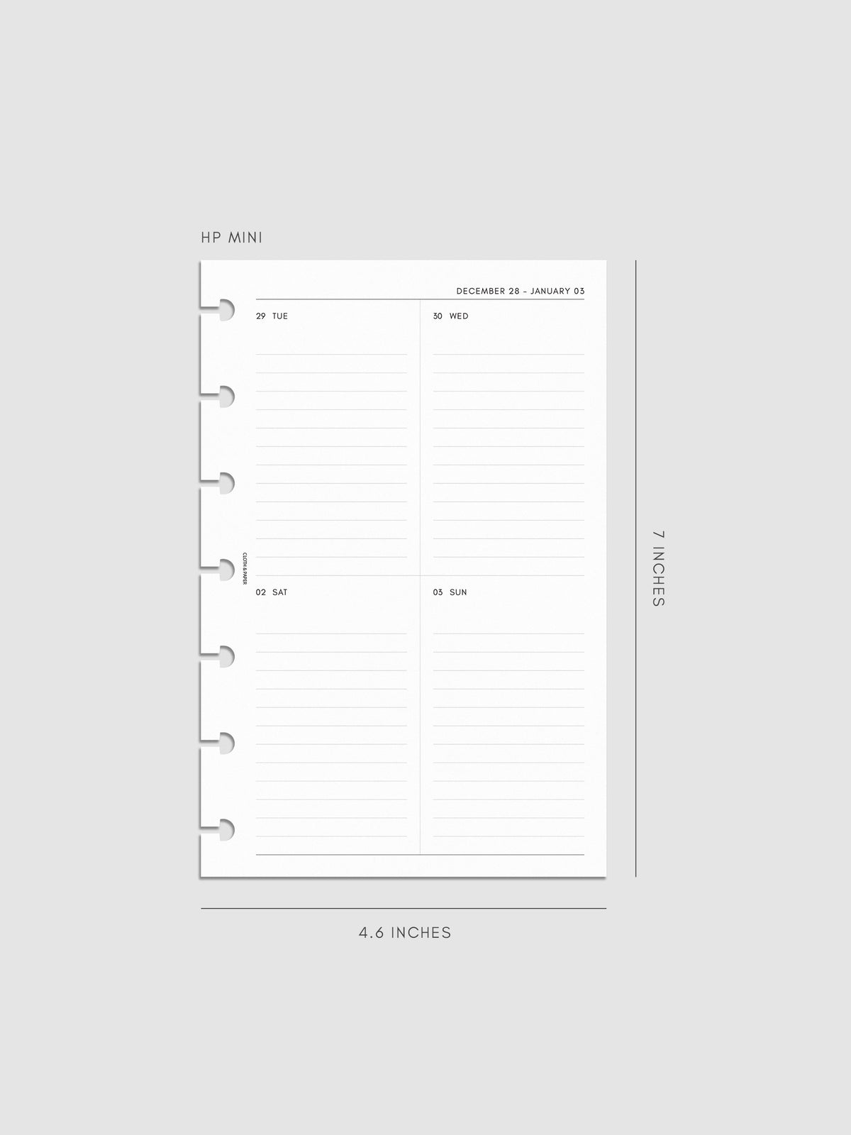 2027 Dated Weekly Vertical Planner Inserts, Monday Start, HP Mini 7-Disc Punch, right page of weekly spread showing a two-column two-row daily grid with lined sections throughout
