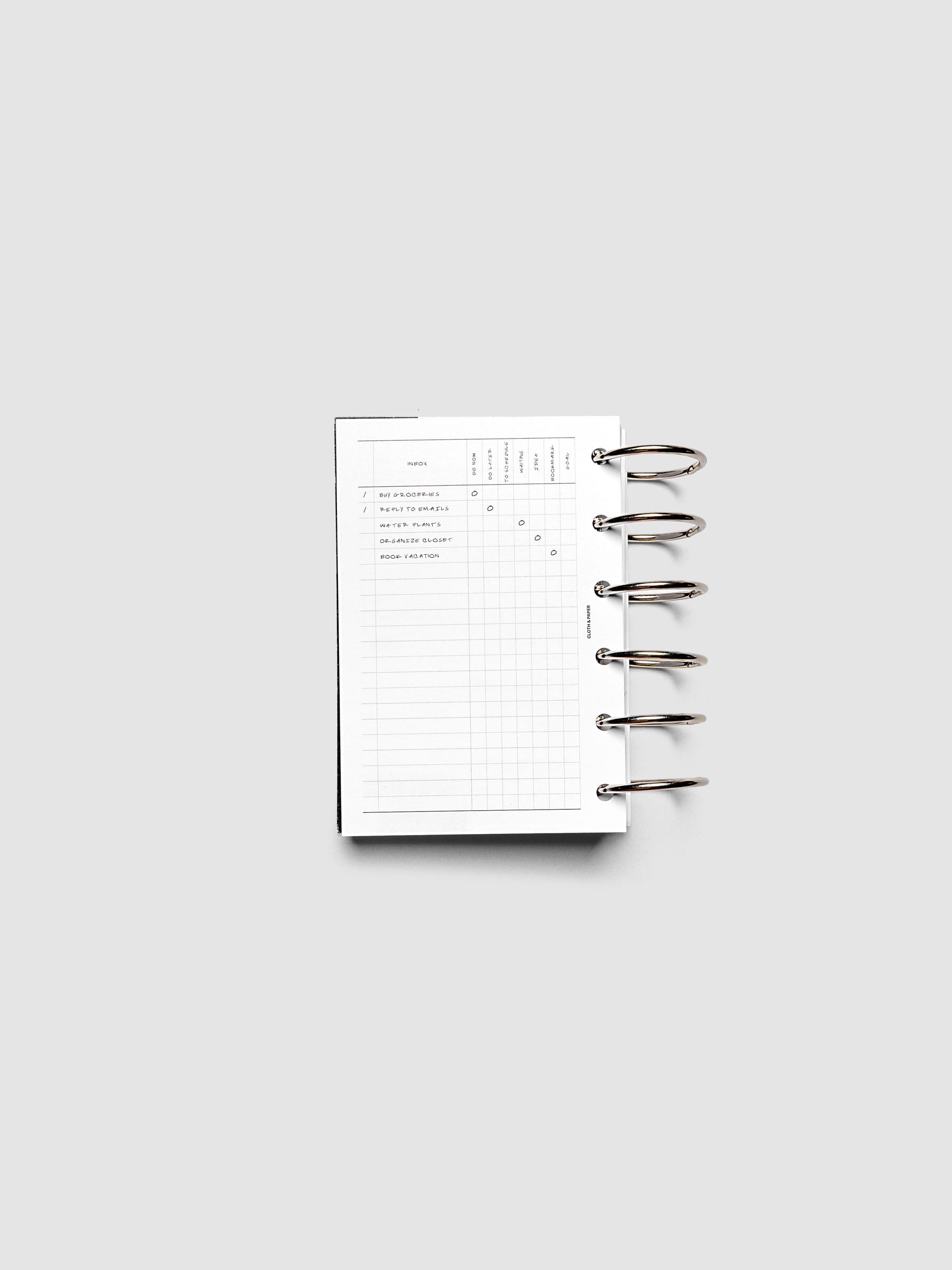 Demo page for the Inbox Sorting Planner Inserts shown pre-punched for 6-Ring Pocket planners.