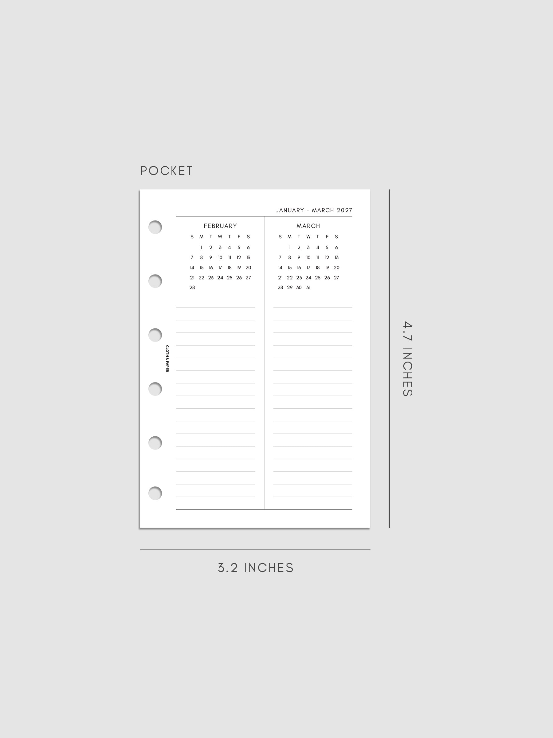 2027 Dated Yearly Overview Planner Inserts Sunday Start, Pocket 6-Ring Punch, right page of quarterly spread showing three monthly calendar views each with a notes section below