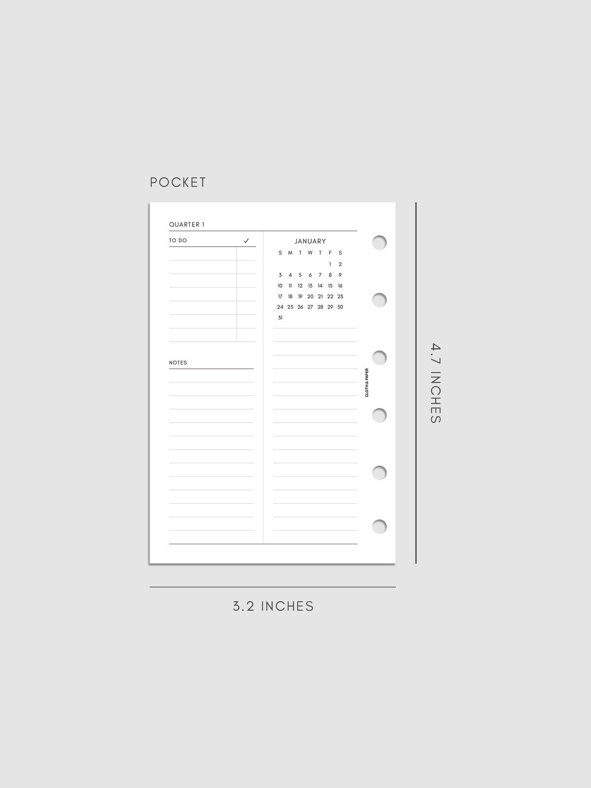 2027 Dated Yearly Overview Planner Inserts Sunday Start, Pocket 6-Ring Punch, left page of quarterly spread showing goal-setting, to-do, and notes sections