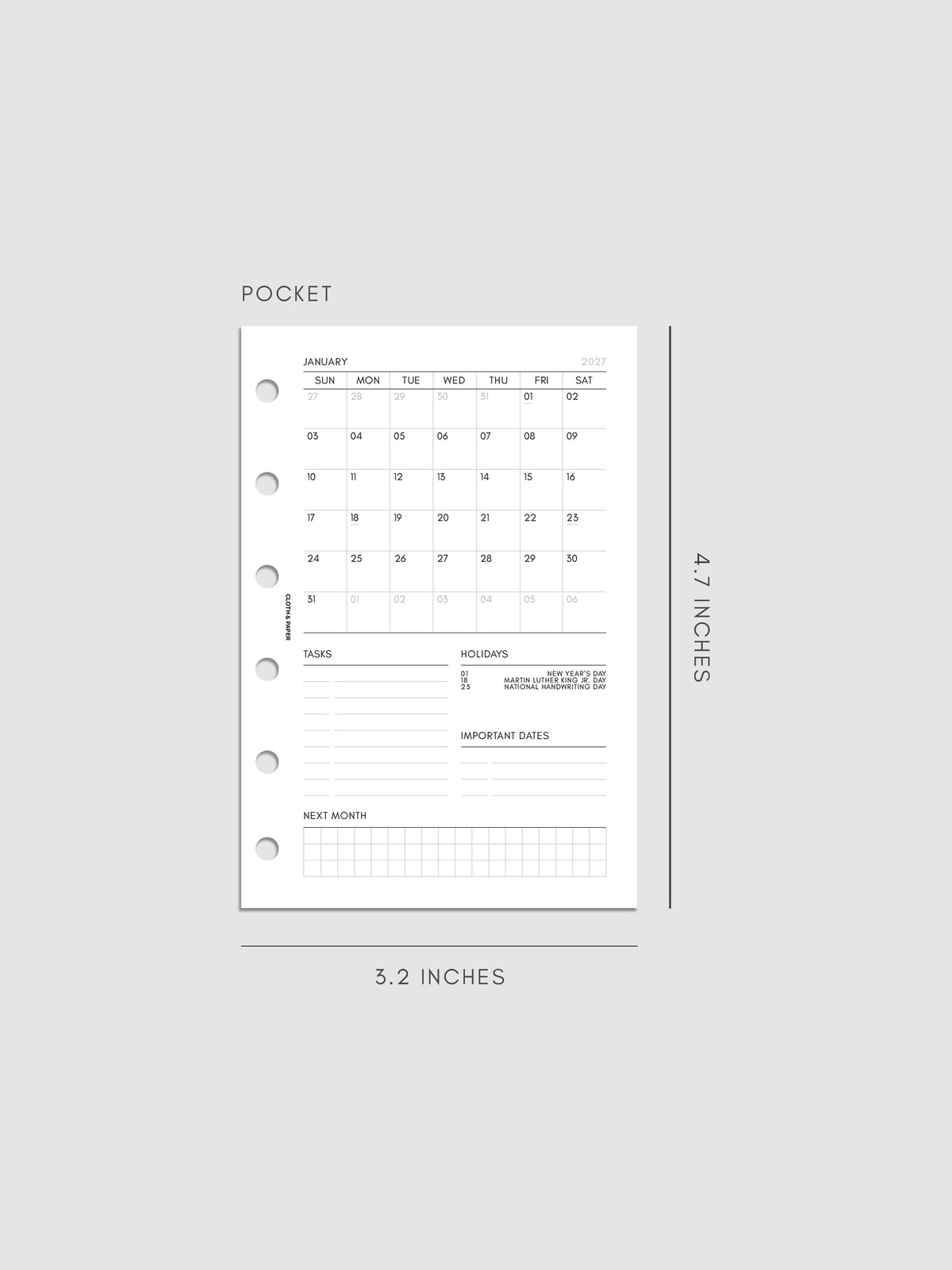 2027 Dated Monthly Admin Inserts in Pocket 6-Ring Punch size, shown as a styled flat lay mockup.