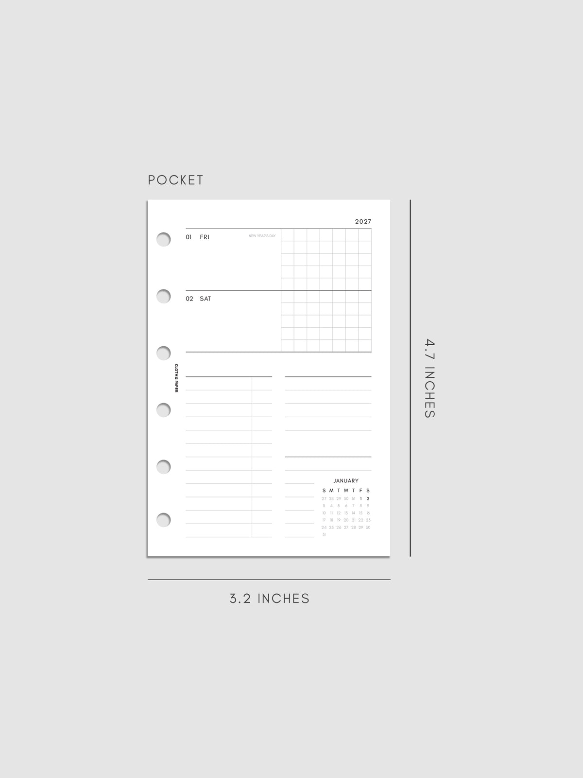 Mockup of the 2027 Dated Weekly Horizontal Planner Inserts | Sunday Start right page shown in size Pocket 6-Ring Punch
