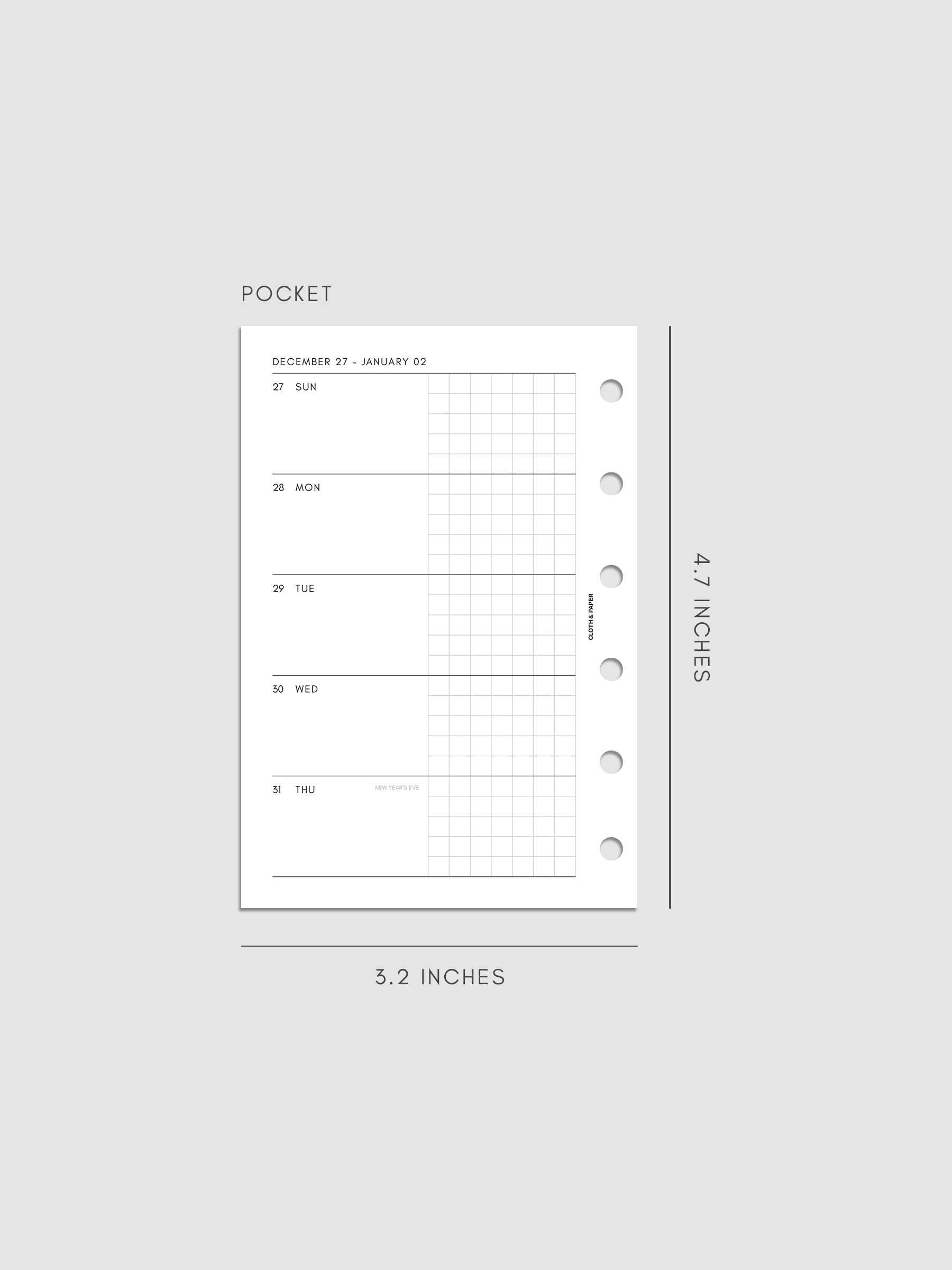 Mockup of the 2027 Dated Weekly Horizontal Planner Inserts | Sunday Start left page shown in size Pocket 6-Ring Punch