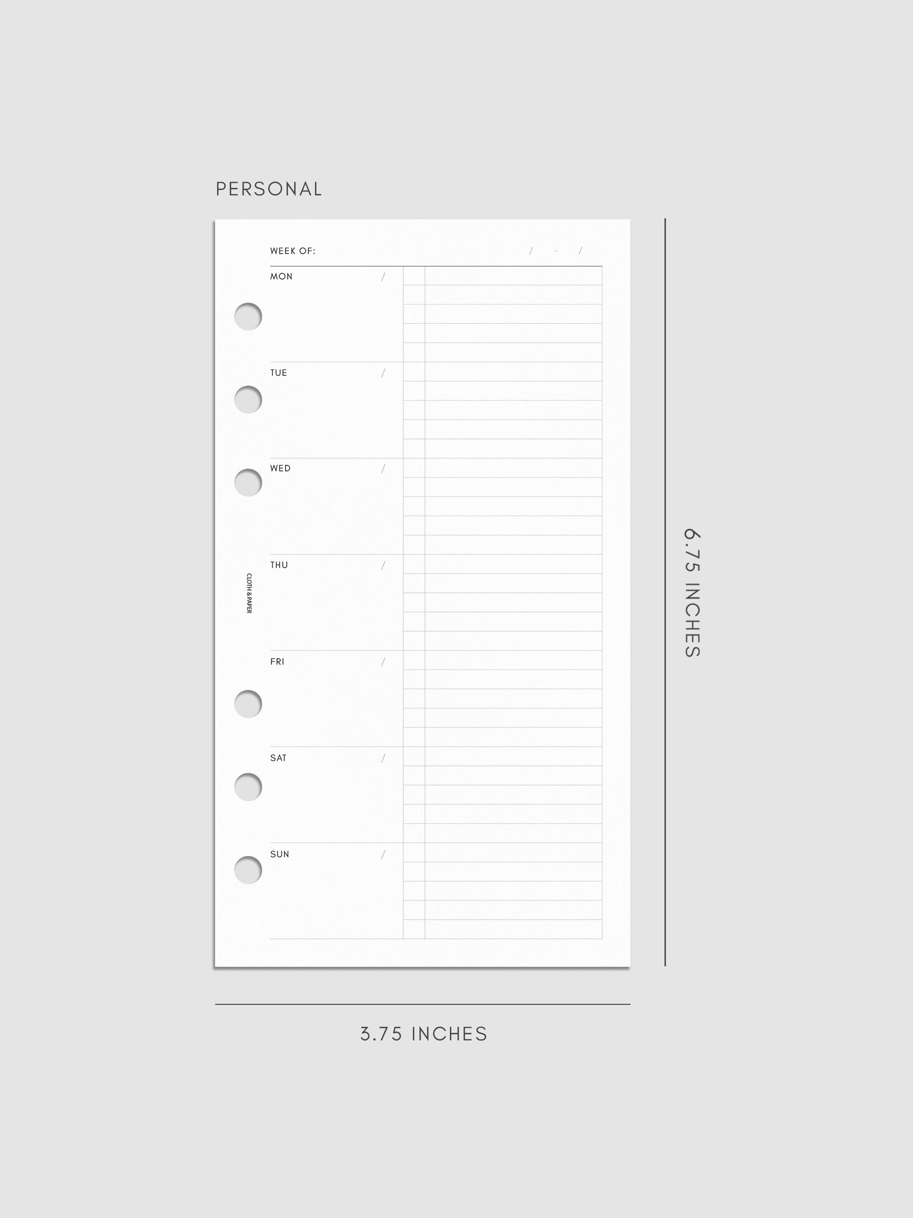 Weekly Checklist Inserts shown pre-punched for 6-ring planners in size Personal.