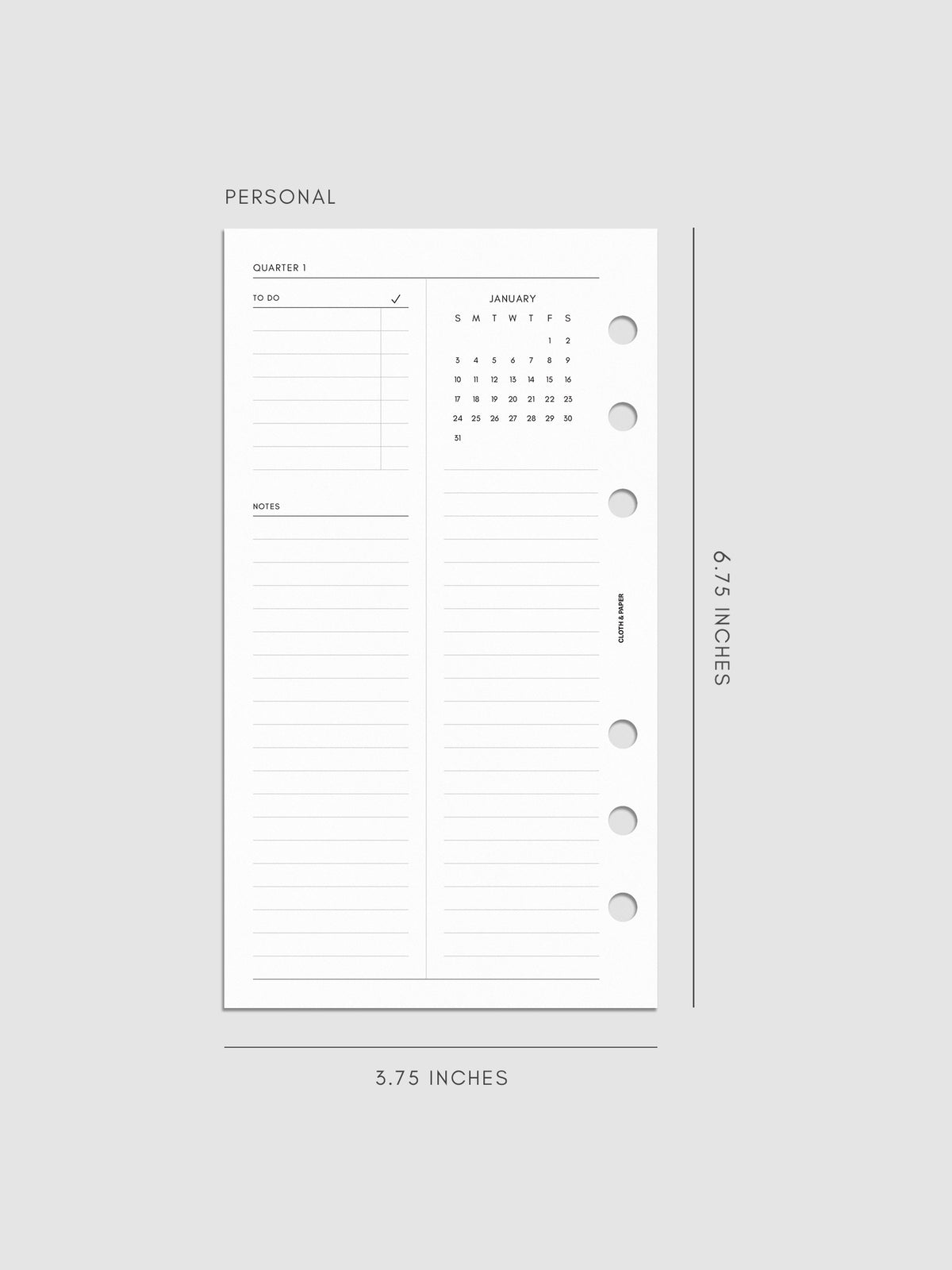 2027 Dated Yearly Overview Planner Inserts Sunday Start, Personal 6-Ring Punch, left page of quarterly spread showing goal-setting, to-do, and notes sections