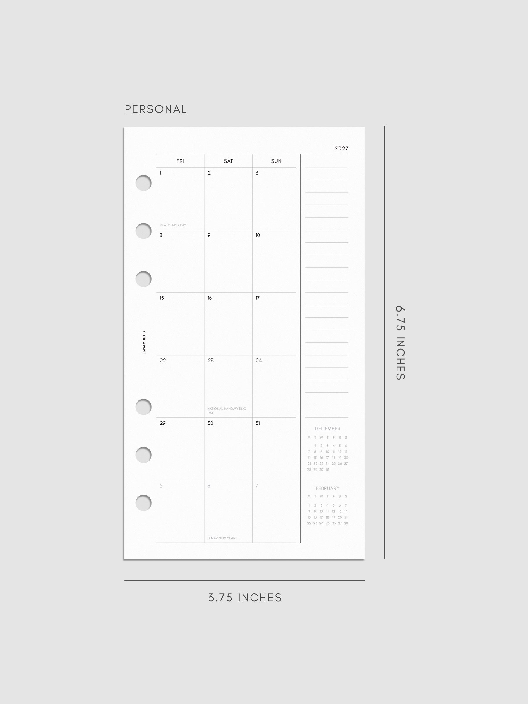 2027 Dated Monthly Planner Inserts, Monday Start, Personal 6-Ring Punch, right page of two-page monthly calendar spread with notes column and mini calendars in the bottom right corner shown inside a planner