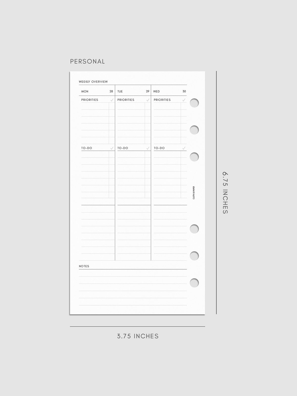 2027 Dated Weekly Task Planner Inserts, Monday Start, Personal 6-Ring Punch, left page of weekly spread showing vertical columns for Monday through Wednesday with labeled priorities, to-do, and open notes sections