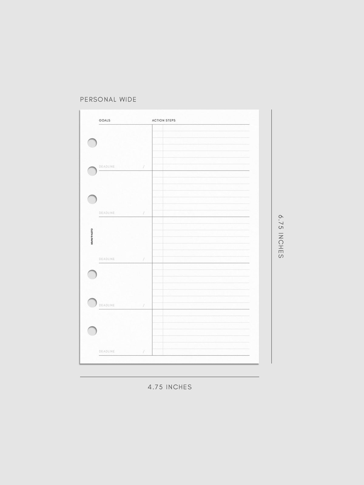 A personal wide planner insert with sections for goals and action steps, measuring 4.75 by 6.75 inches. The page features four labeled goal boxes on the left and lined space for action steps on the right.