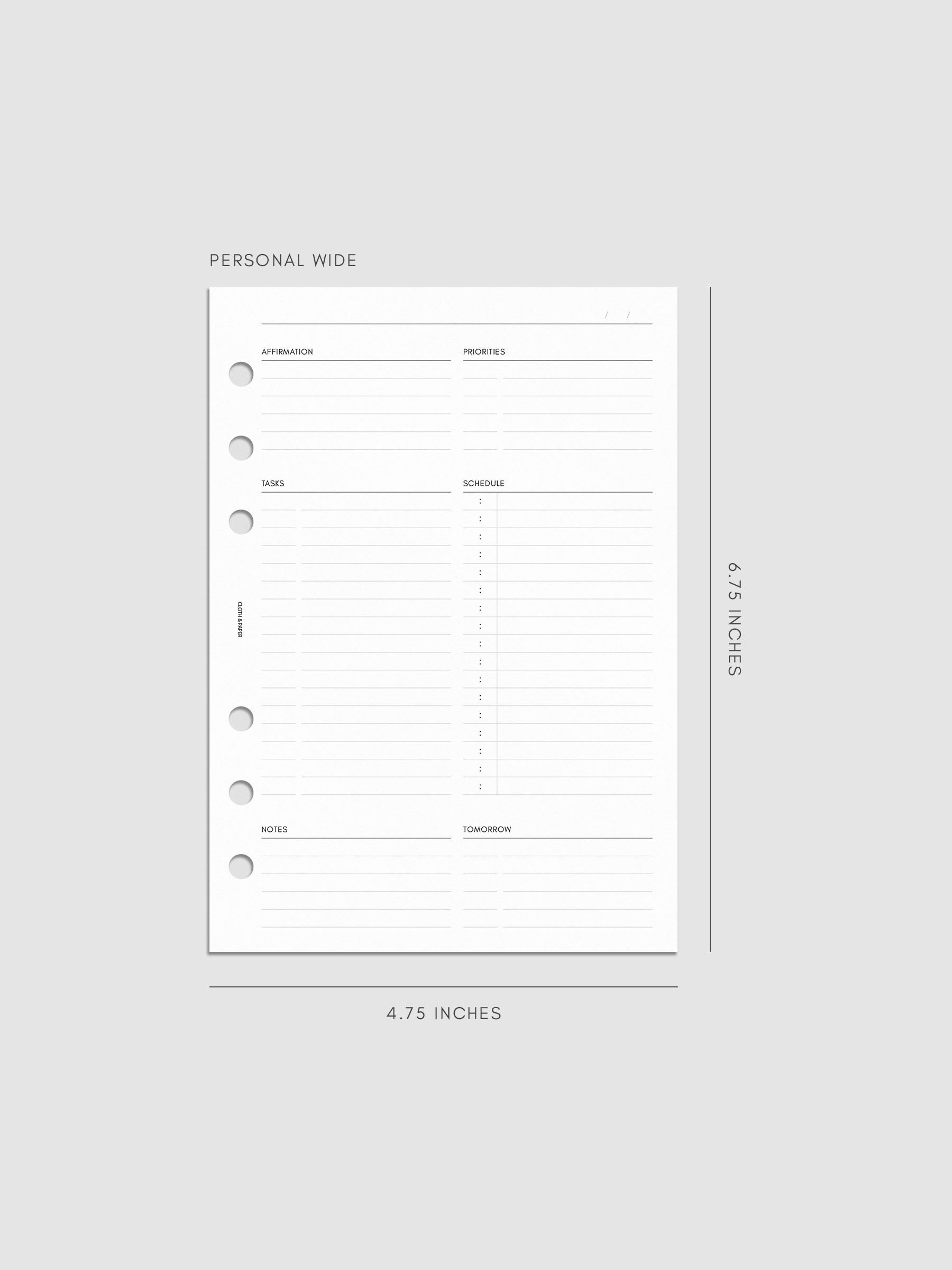 Daily Essentials Planner Inserts digital mockup in size Personal Wide, pre-punched for 6-ring binders. Includes headers for affirmations, priorities, tasks, schedule, notes, and tomorrow.