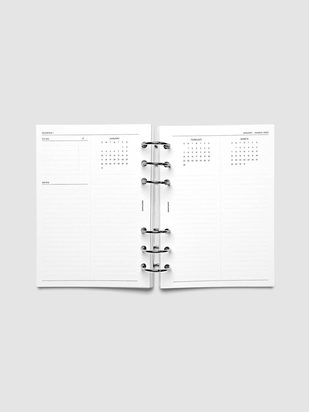 2027 Dated Yearly Overview Planner Inserts Sunday Start, Personal Wide 6-Ring Punch, full quarterly spread showing goal-setting, to-do, and notes sections on the left page alongside three monthly calendar views with notes sections on the right page, shown inside a planner