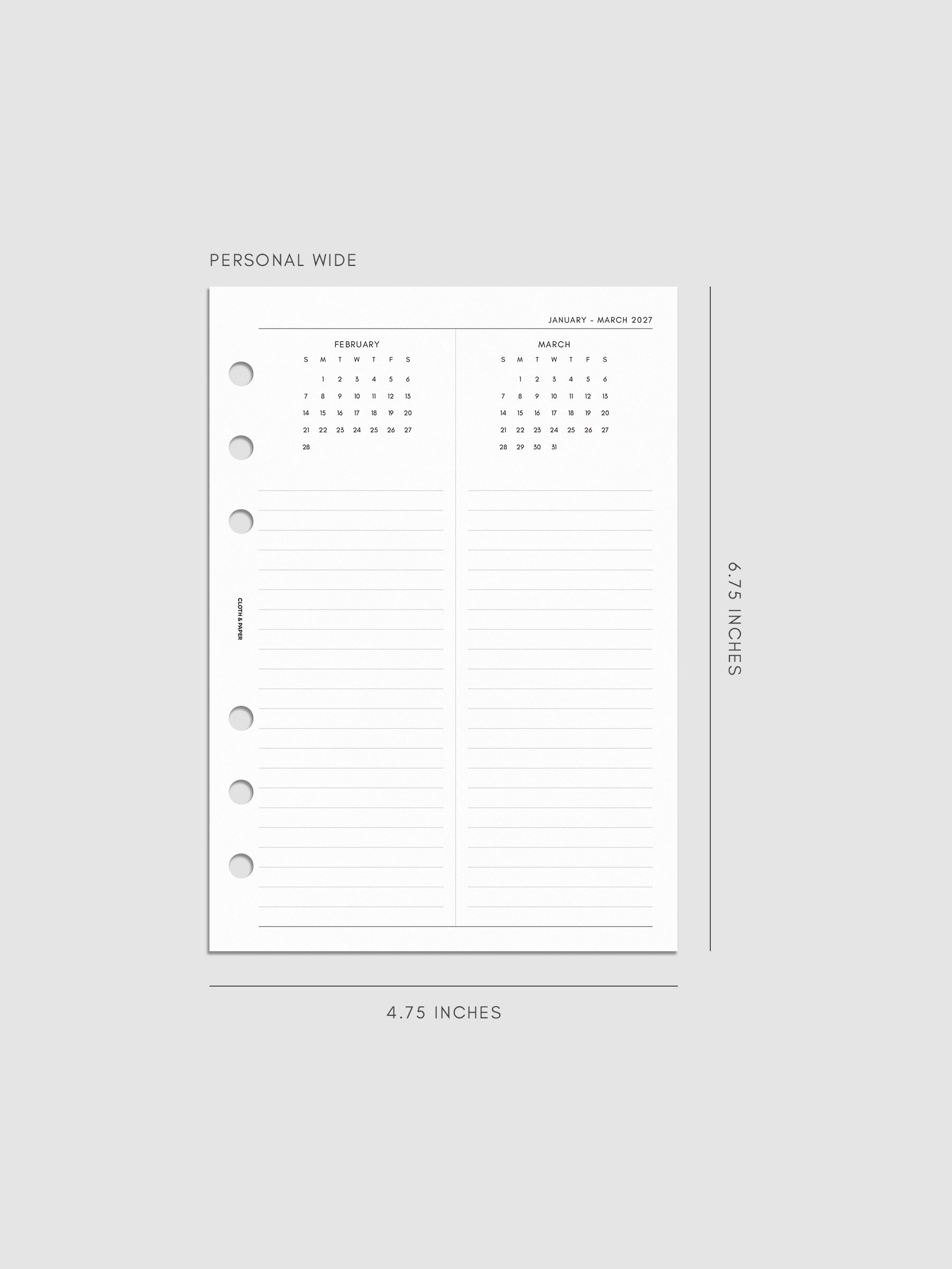 2027 Dated Yearly Overview Planner Inserts Sunday Start, Personal Wide 6-Ring Punch, right page of quarterly spread showing three monthly calendar views each with a notes section below