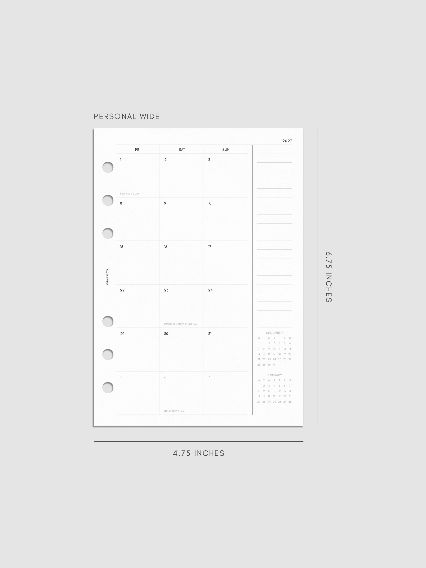 2027 Dated Monthly Planner Inserts, Monday Start, Personal Wide 6-Ring Punch, right page of two-page monthly calendar spread with notes column and mini calendars in the bottom right corner shown inside a planner
