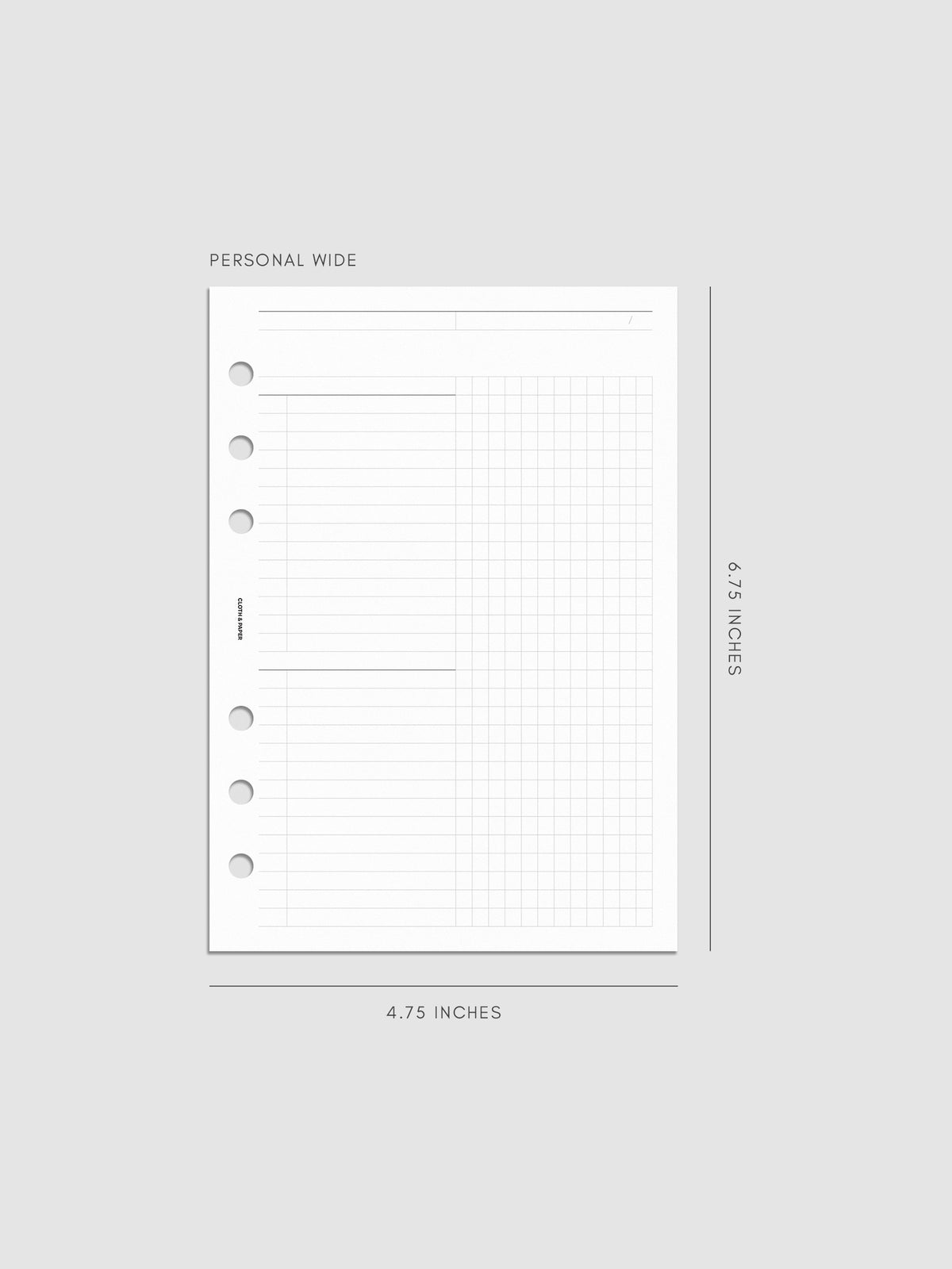 Daily Workflow Planner Inserts, Personal Wide 6-Ring Punch, right page showing large graph notes section