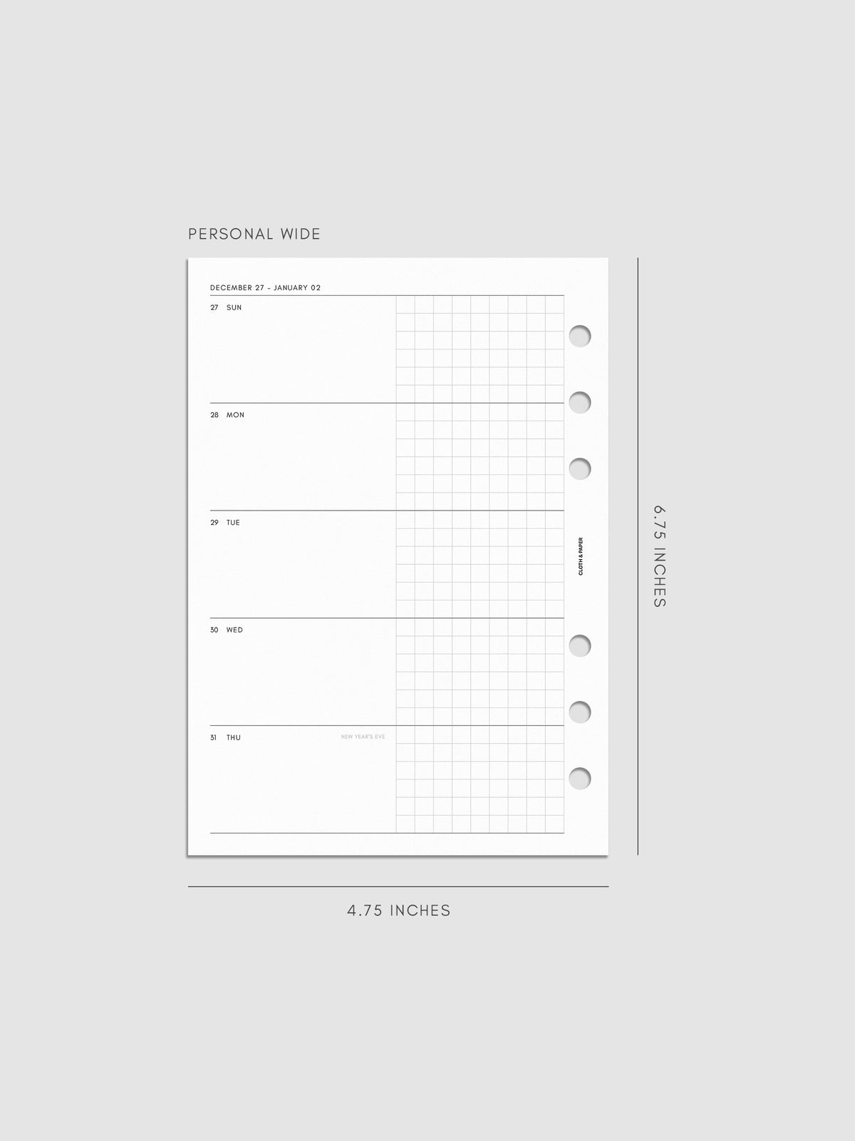Mockup of the 2027 Dated Weekly Horizontal Planner Inserts | Sunday Start left page shown in size Personal Wide 6-Ring Punch
