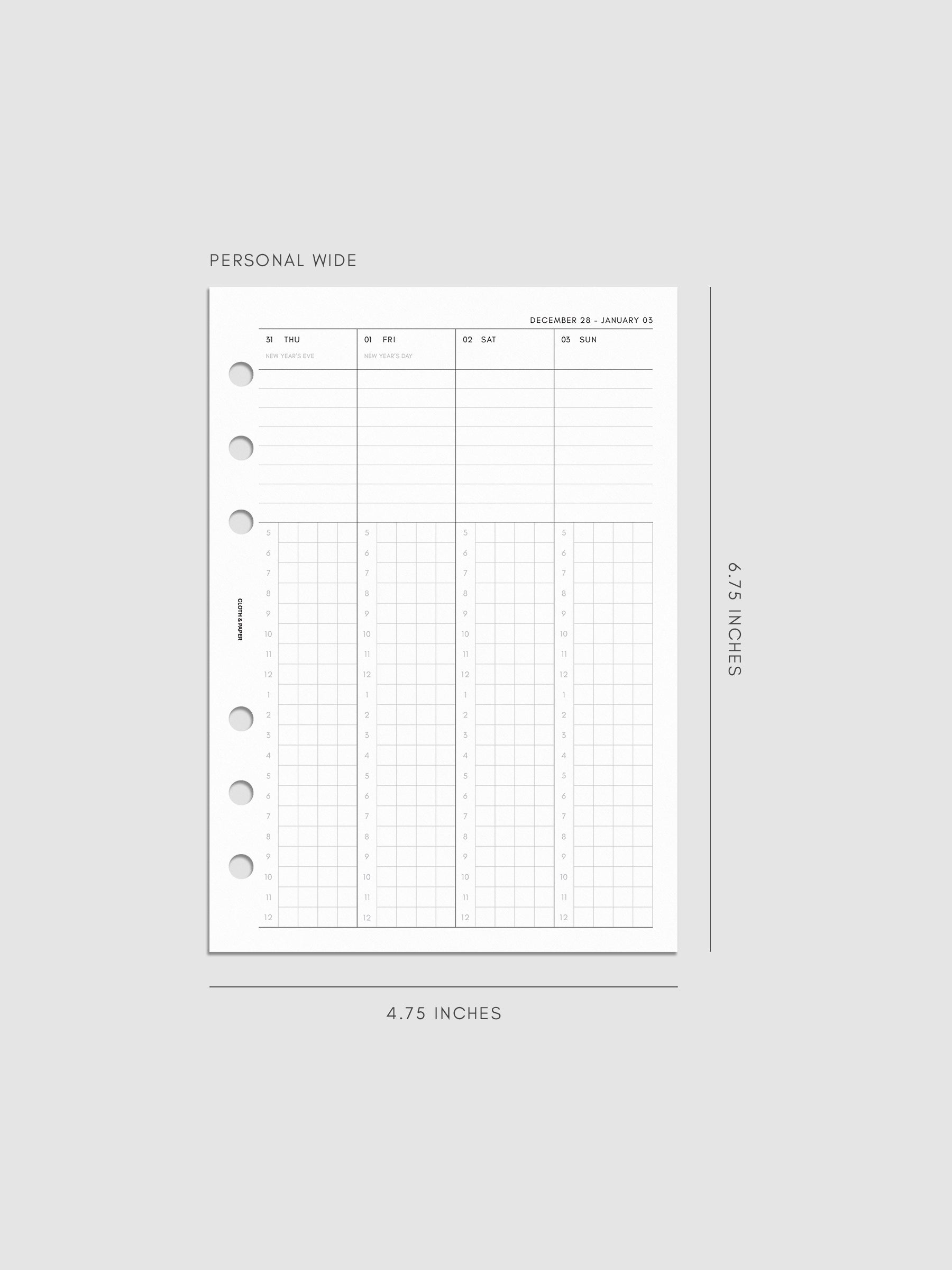 2027 Dated Weekly Time Block Inserts in Personal Wide 6-Ring Punch size, right page