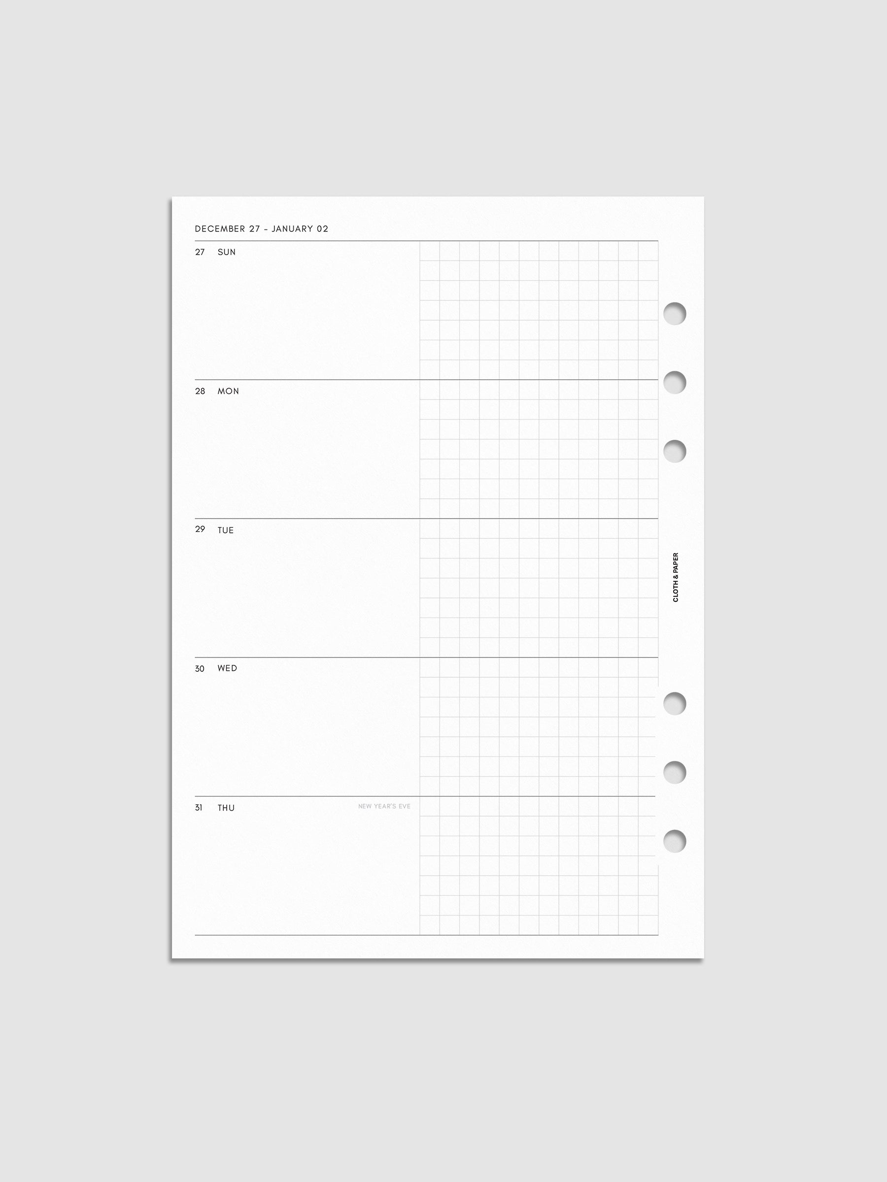Mockup of the 2027 Dated Weekly Horizontal Planner Inserts | Sunday Start left page shown in size A5 6-Ring Punch