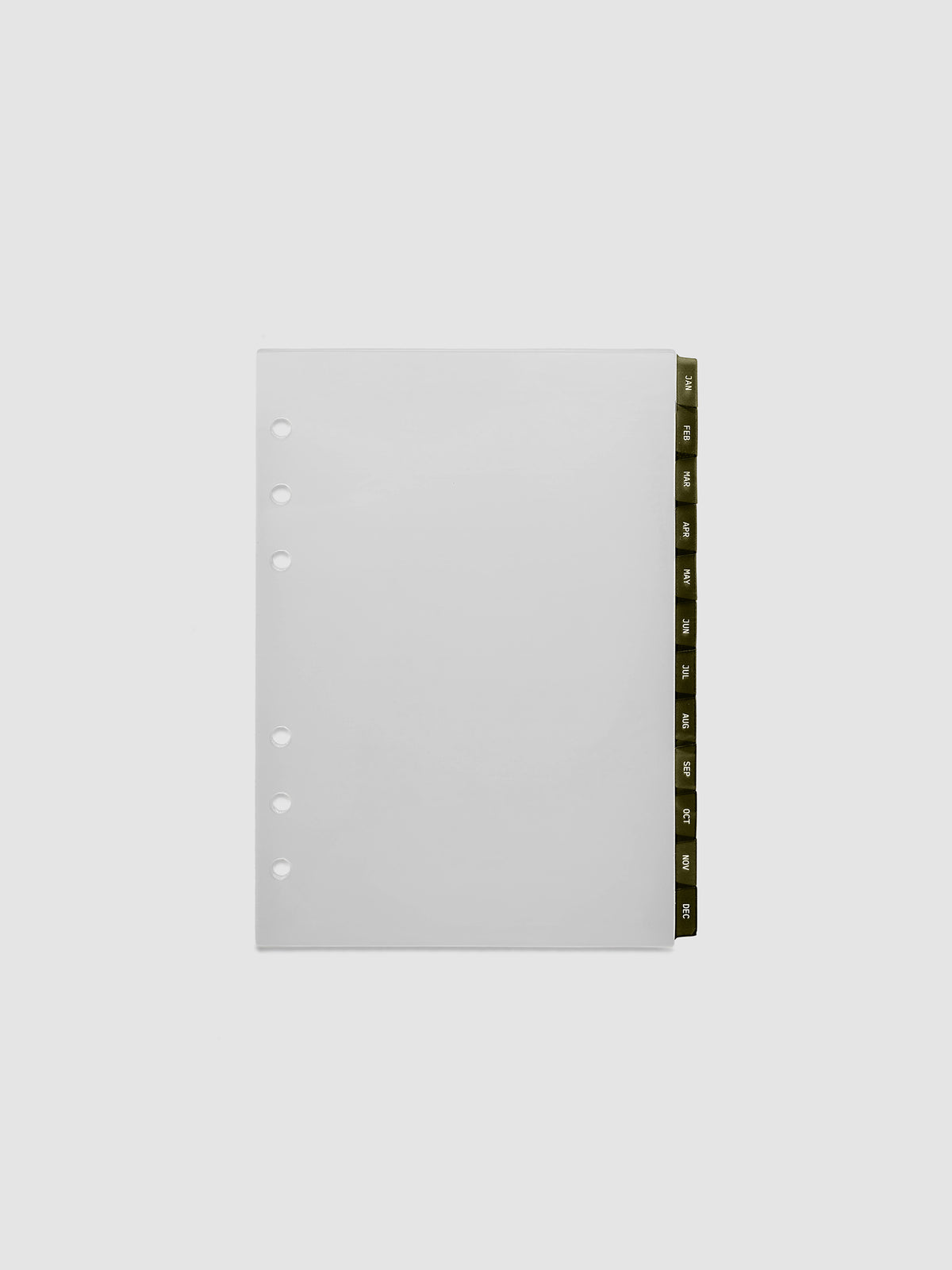 Personal Wide 6-Ring Punch Ultra-Thin Monthly Dividers in olive green, set of 12 dividers fanned to show all months