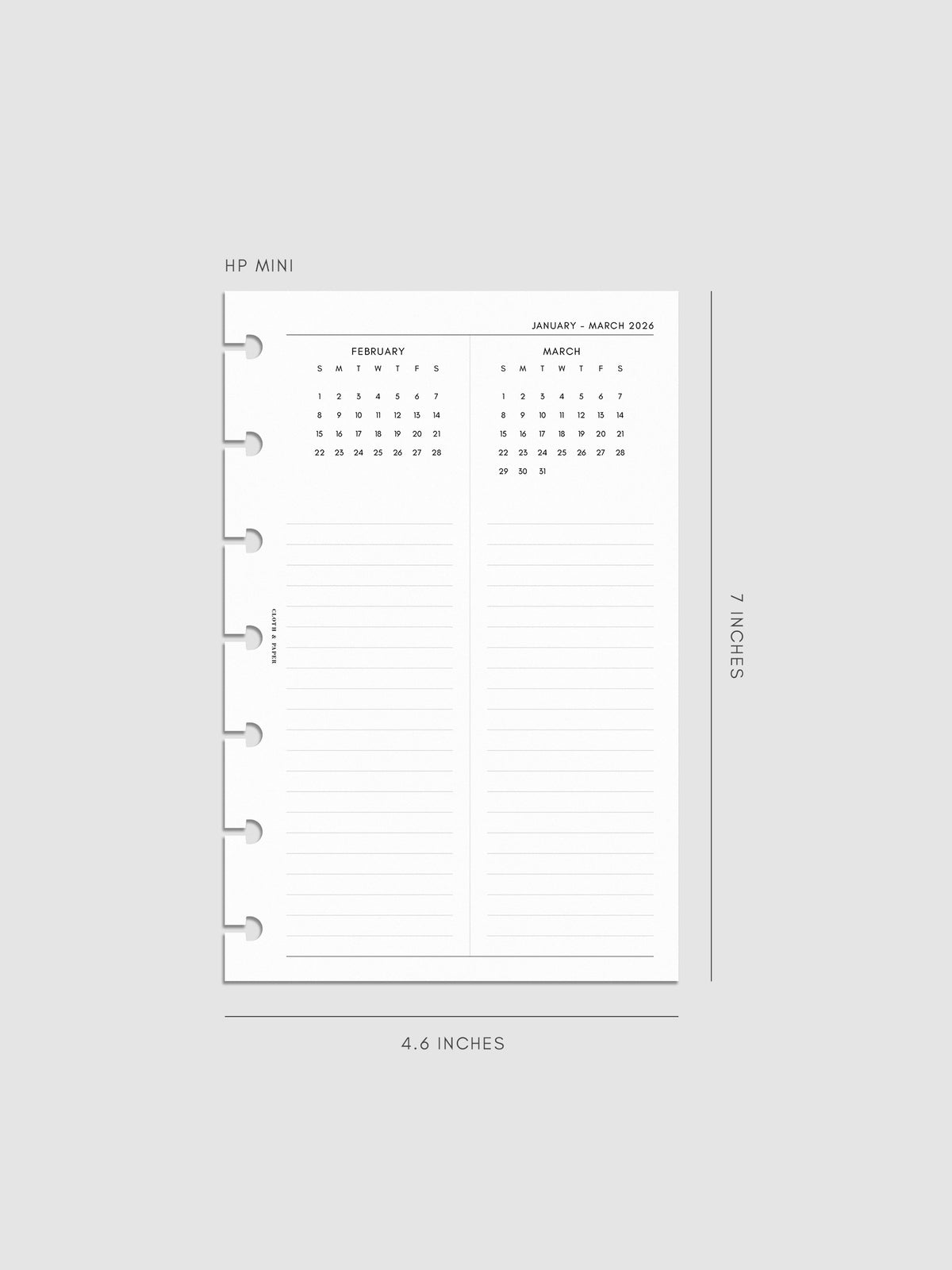 Digital mock-up of the 2026 Year Overview Planner Inserts in HP Mini.