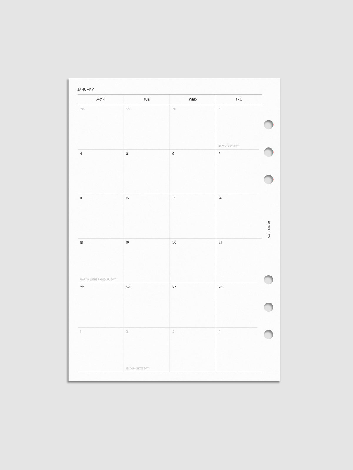 2027 Dated Monthly Planner Inserts Monday Start, left page showing two-page monthly calendar spread with Monday start, notes column along the far right, and mini calendars in the bottom right corner