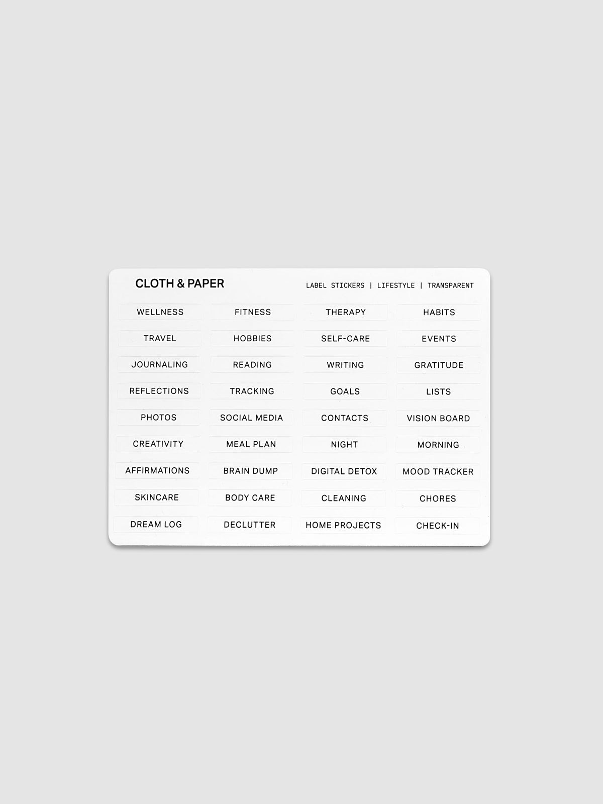 One sheet of transparent label stickers with black printed text on the theme of lifestyle.