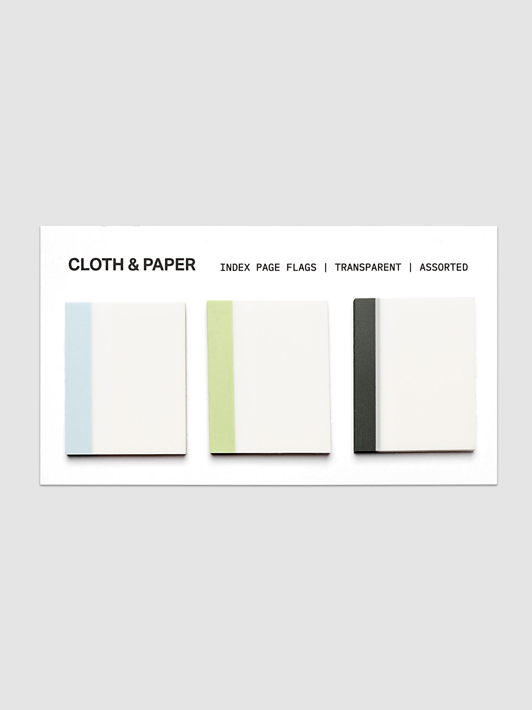 Index Page Flag Set in light blue, light green, and charcoal on a backing card