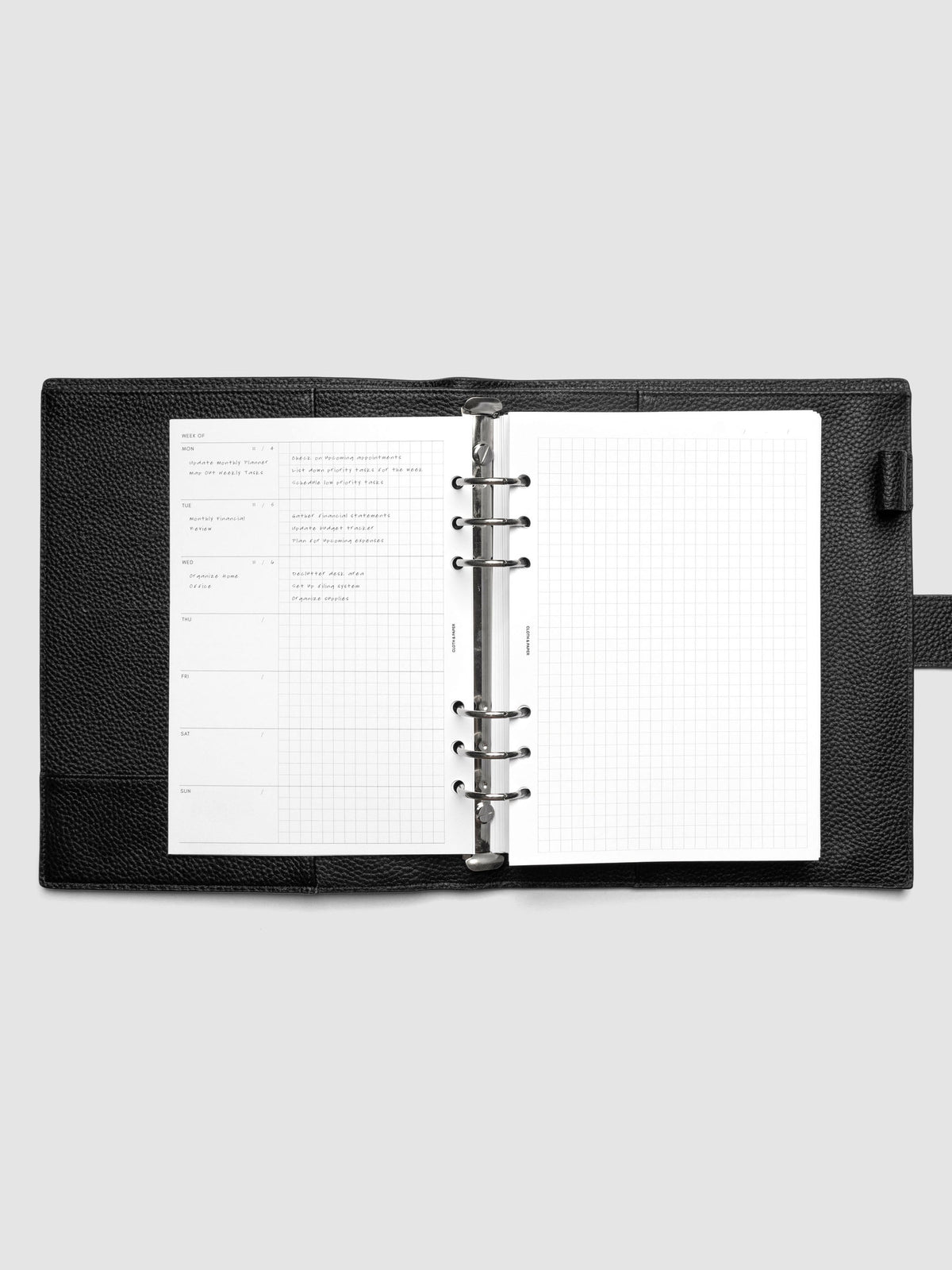Demo page for Weekly Graph Inserts in size A5 shown ring bound.