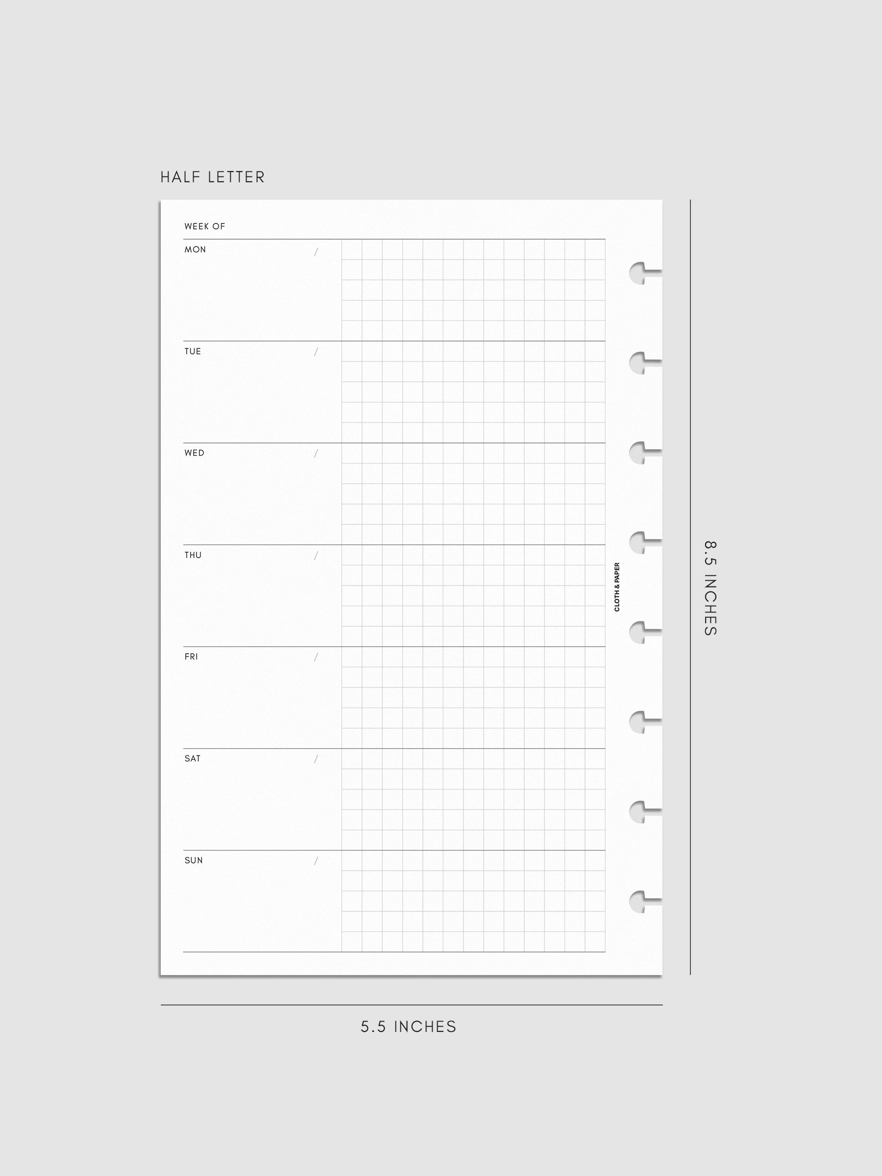 Digital mockup of Weekly Graph Inserts in size Half Letter.