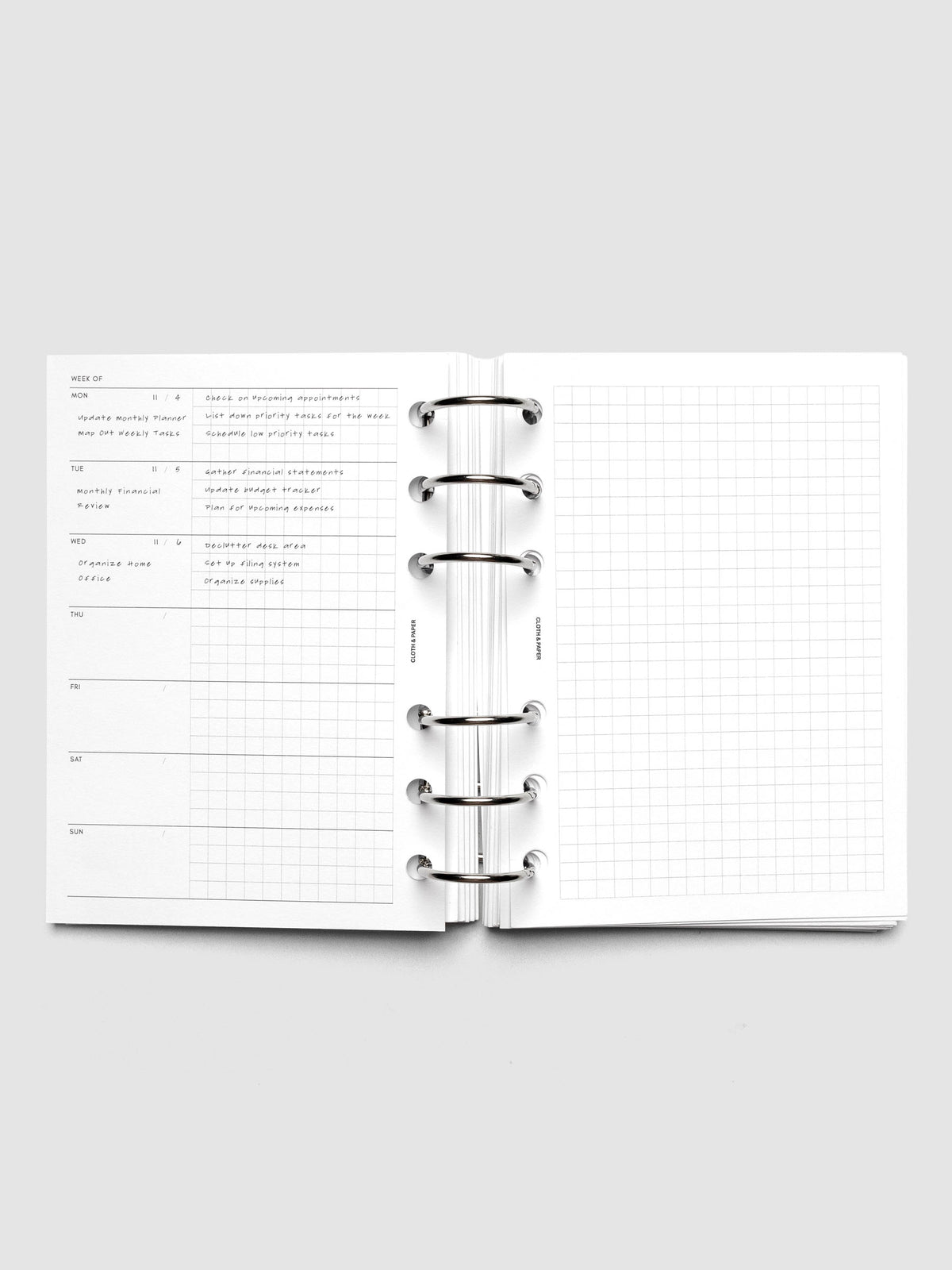 Demo page for Weekly Graph Inserts in size A6 shown ring bound.