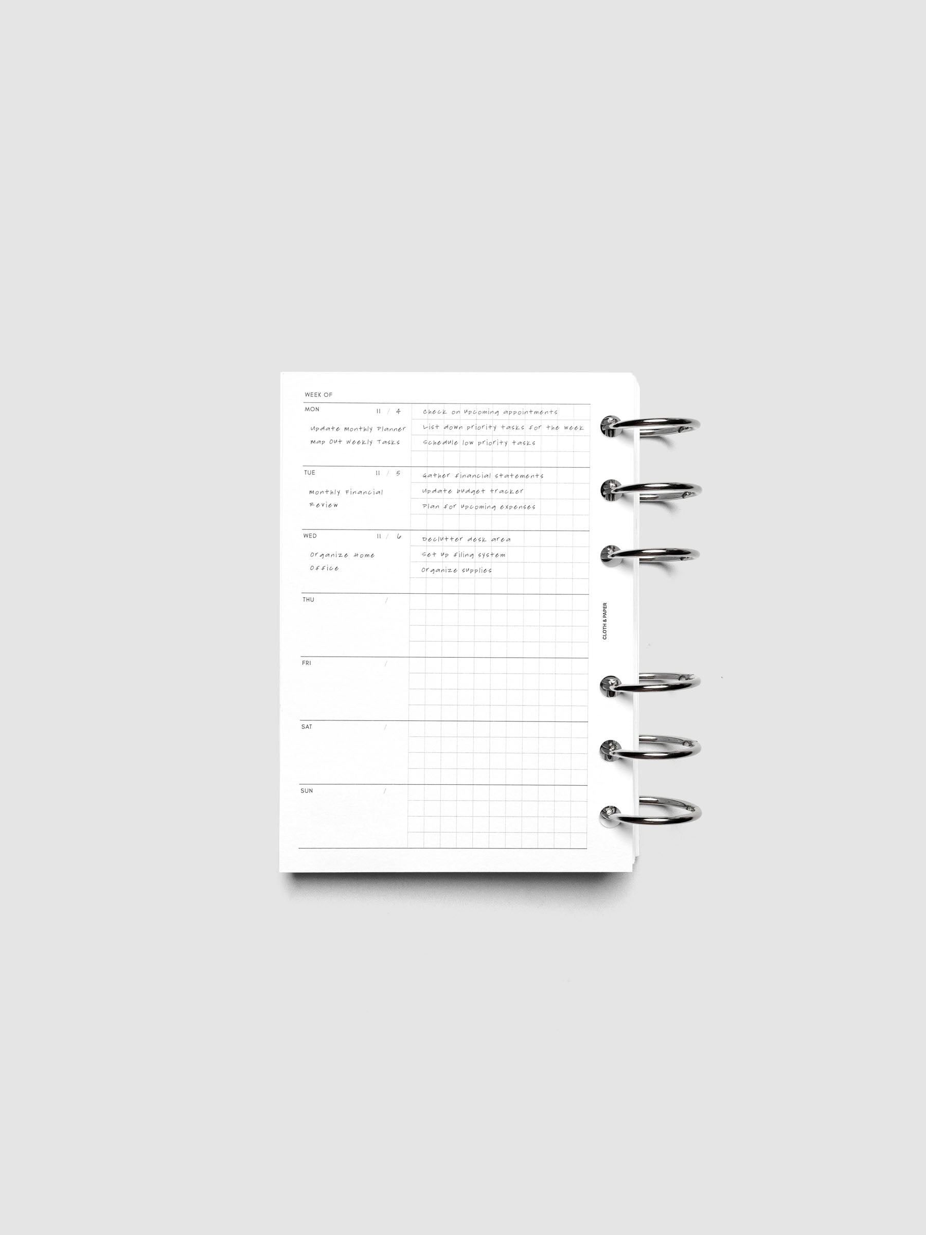 Demo page for Weekly Graph Inserts in size A6 shown ring bound.