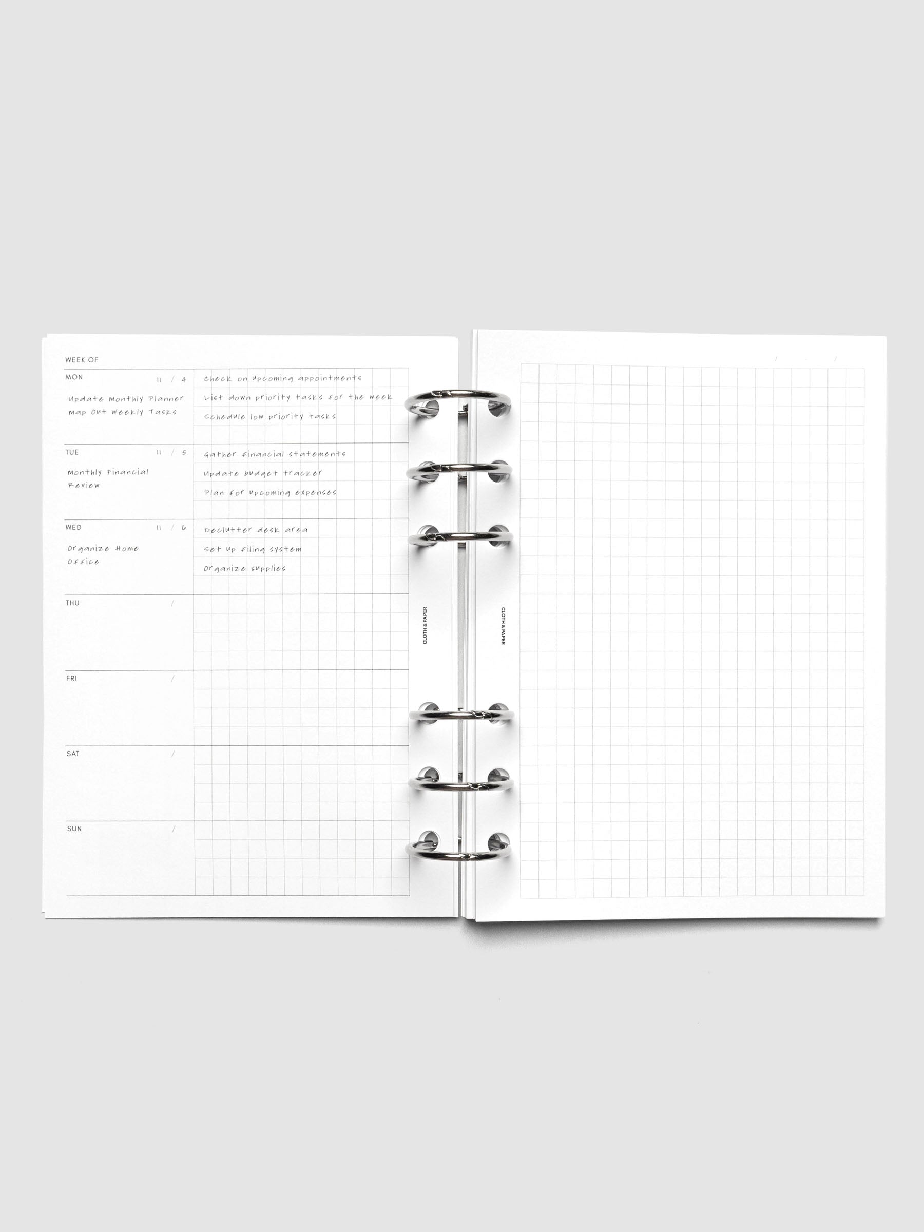 Demo page for Weekly Graph Inserts in size A6 shown ring bound.