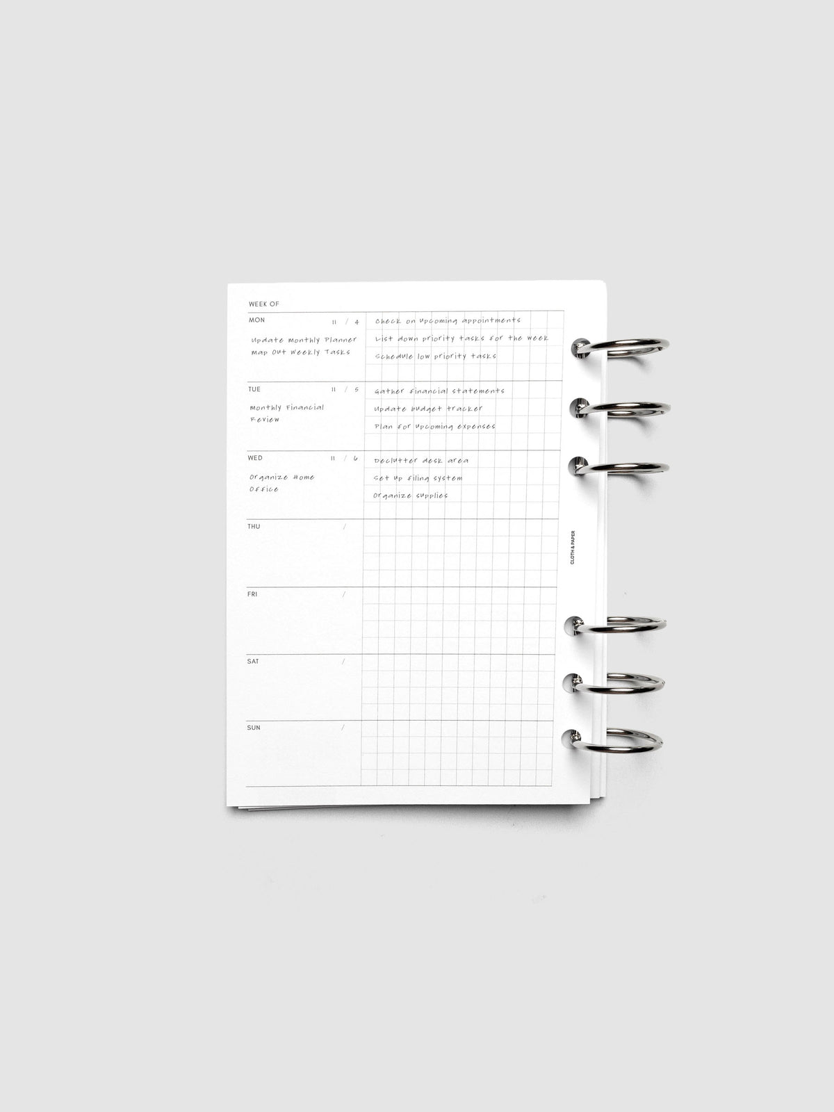 Demo page for Weekly Graph Inserts in size A6 shown ring bound.
