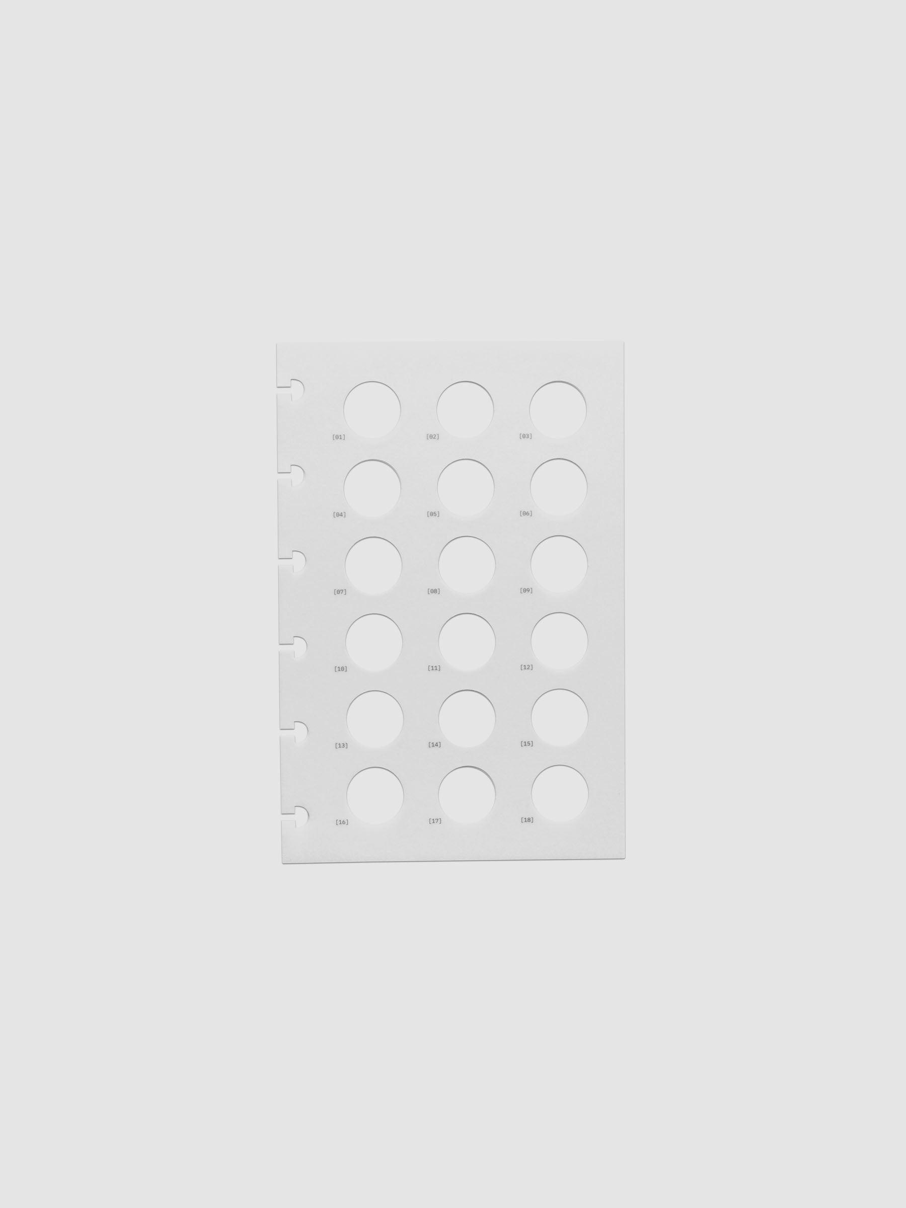 One transparent dashboard with 18 circular cut outs. One piece from the Inner Blueprint Dashboard Duo shown in size CP Petite.