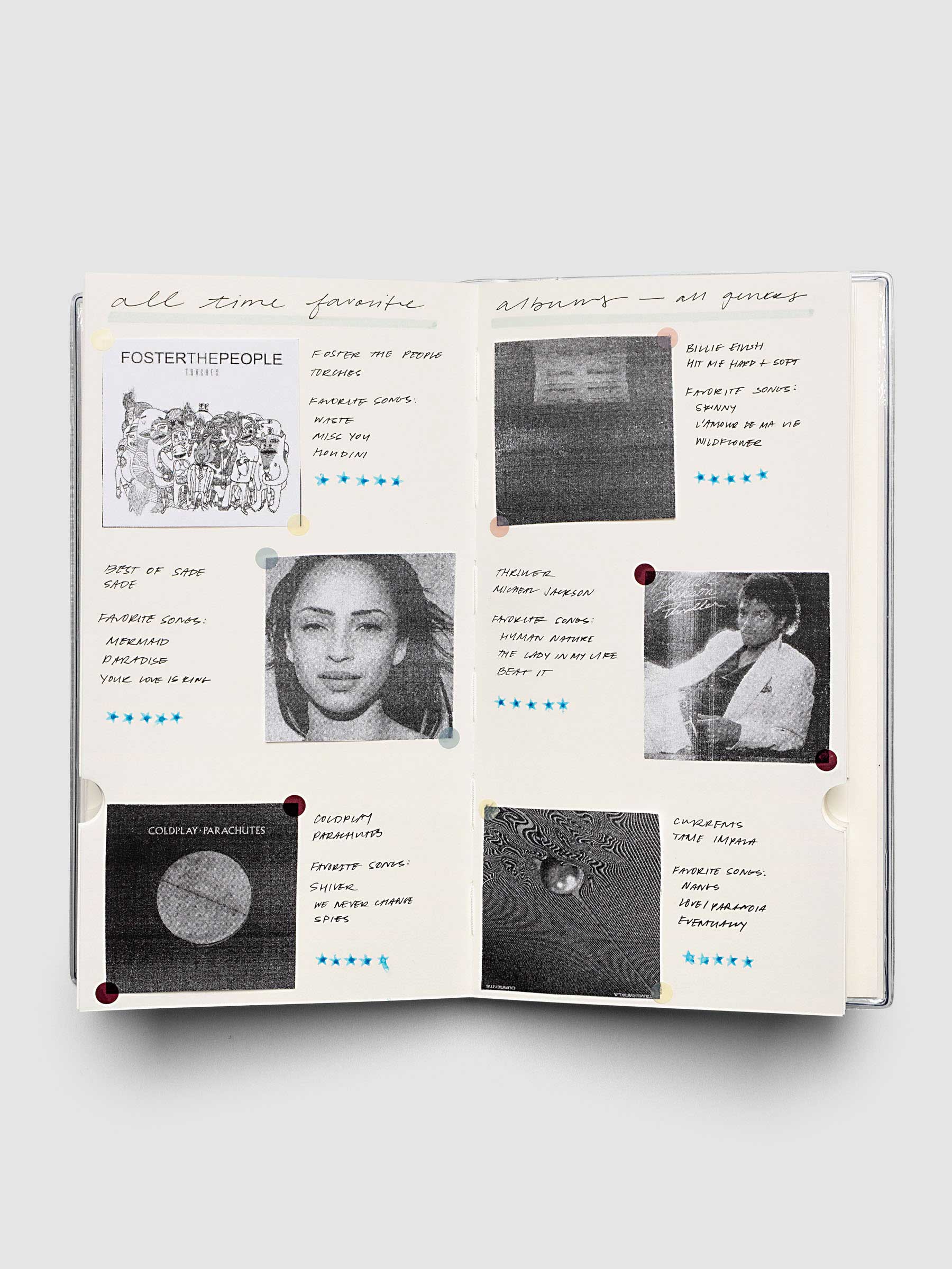 Personal Record Notebook Set, A5 Slim, open notebook in use showing handwritten notes and images added to the blank page interior